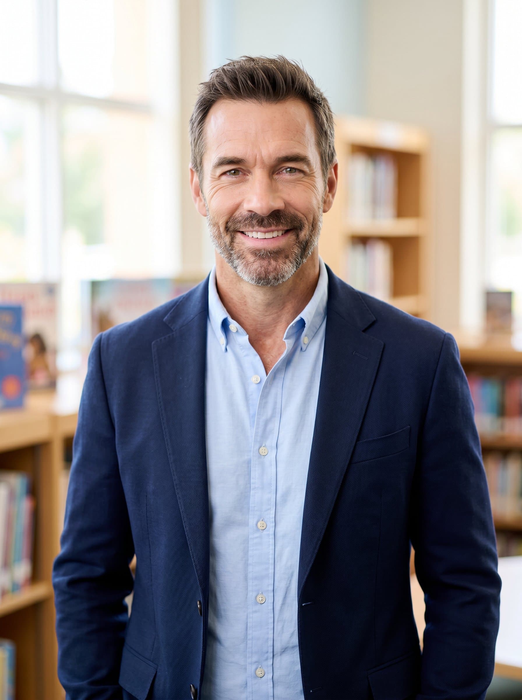 is pictured with a sincere smile against a soft, lightly hued background. Their professional appearance is paired with an approachable aura, ideal for fostering strong connections within educational circles.