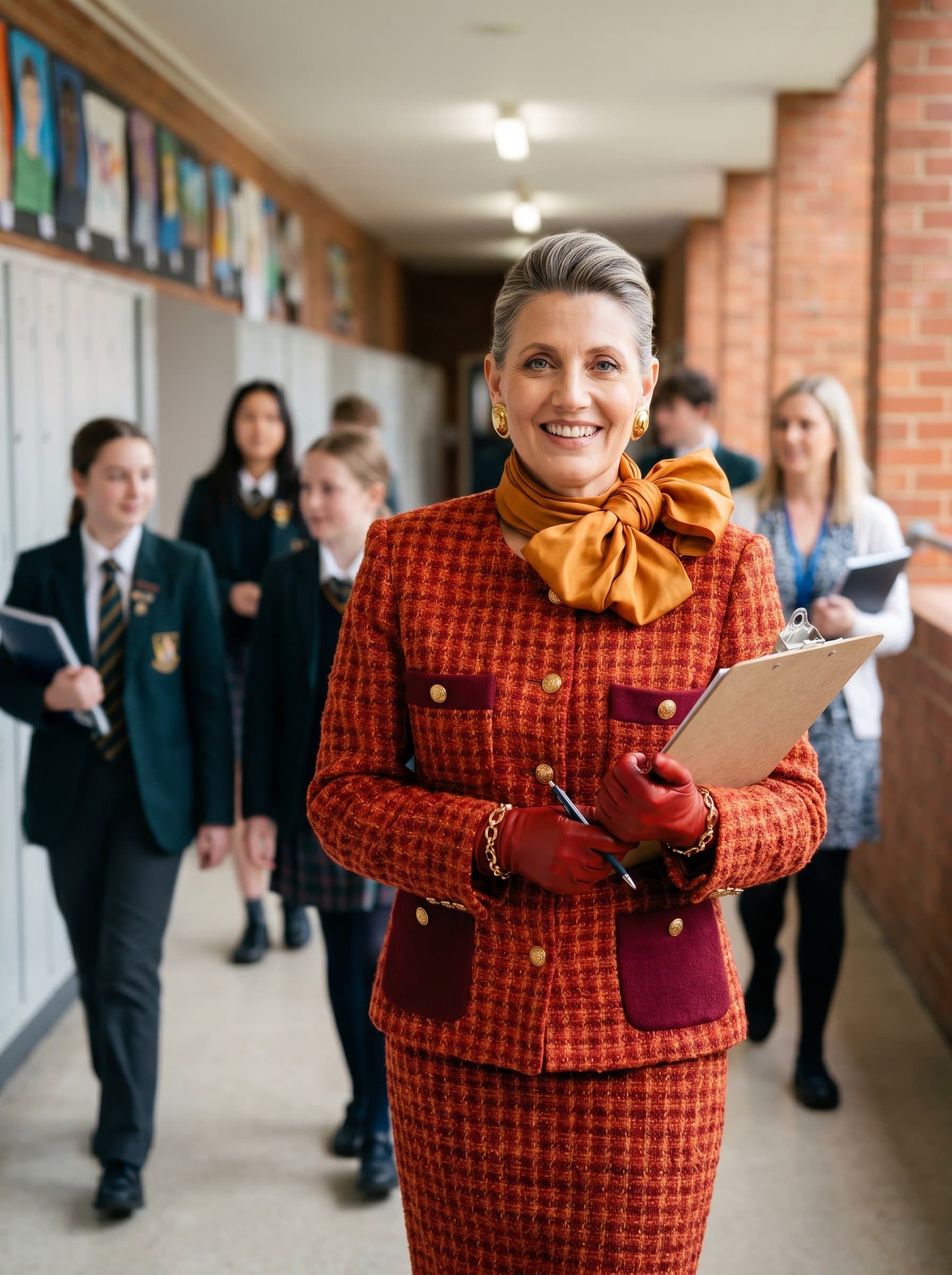 A soft-focused corridor of a school serves as the backdrop for whose professional attire and welcoming expression highlight their proactive role in managing and inspiring educational success.