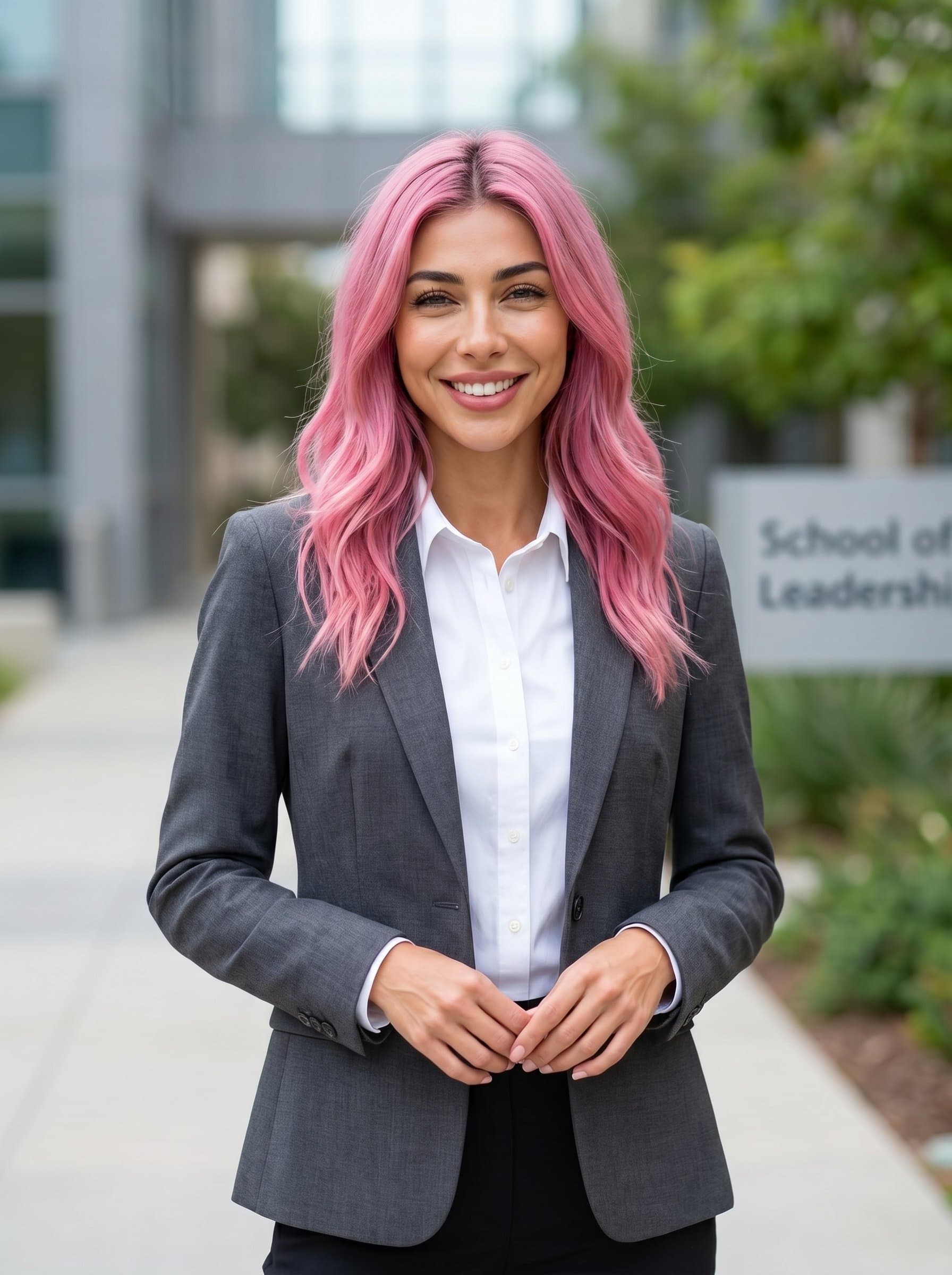 Against a serene, blurred background, in classic business attire, projects an image of calm authority. Their warm, encouraging smile is perfect for reinforcing trust and integrity in school leadership.