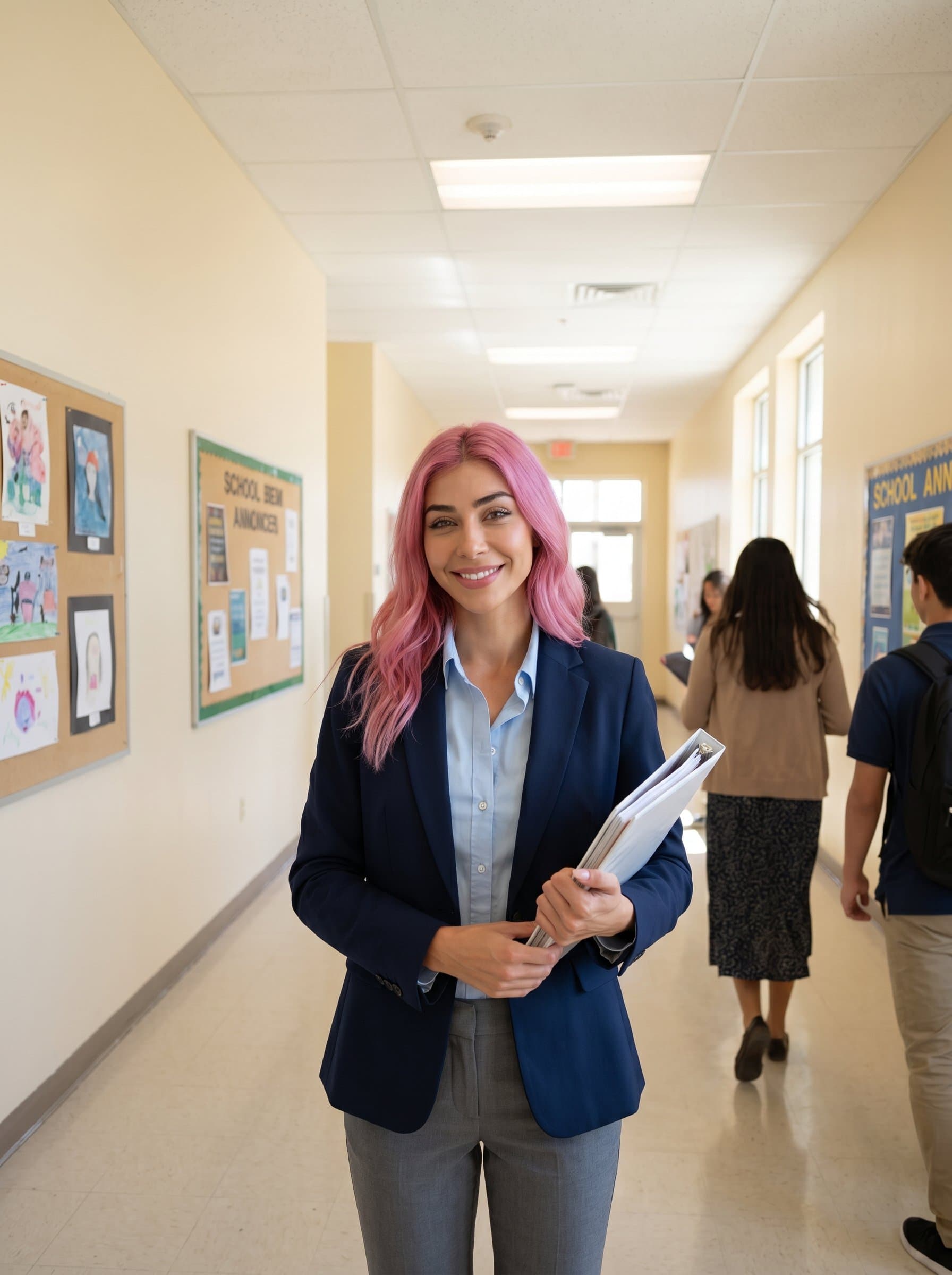 stands in a sunlit hallway with a gentle smile. Their professional attire and the soft, neutral walls enhance a sense of clarity and focus, pivotal for effective school administration.