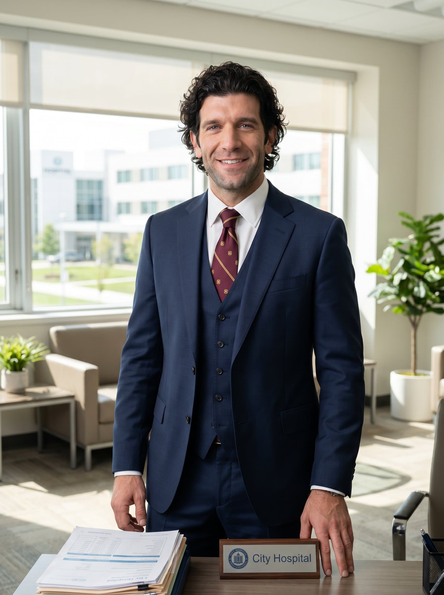 : Portray a healthcare administrator in a classic suit, smiling confidently. They're situated in a spacious office, the lighting creating a polished look, emphasizing their competent and approachable nature.