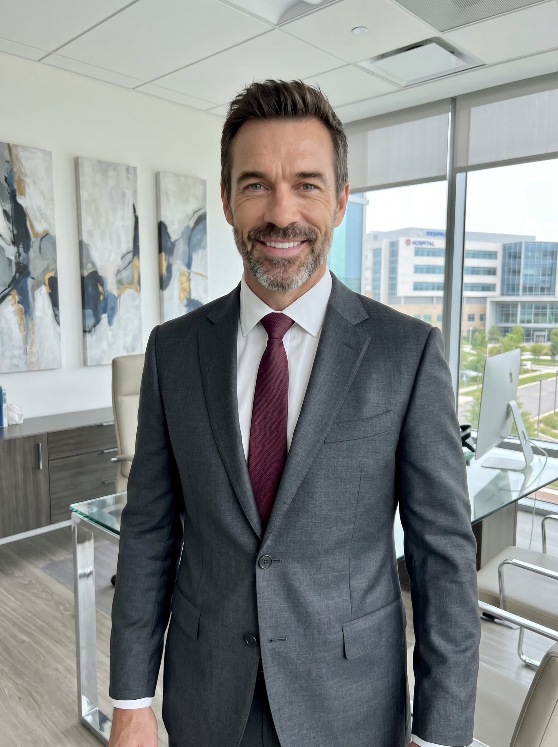 : Picture a healthcare administrator in a tailored suit, displaying a warm smile. The office environment with modern art pieces and sleek furniture enhances the image of a forward-thinking professional.