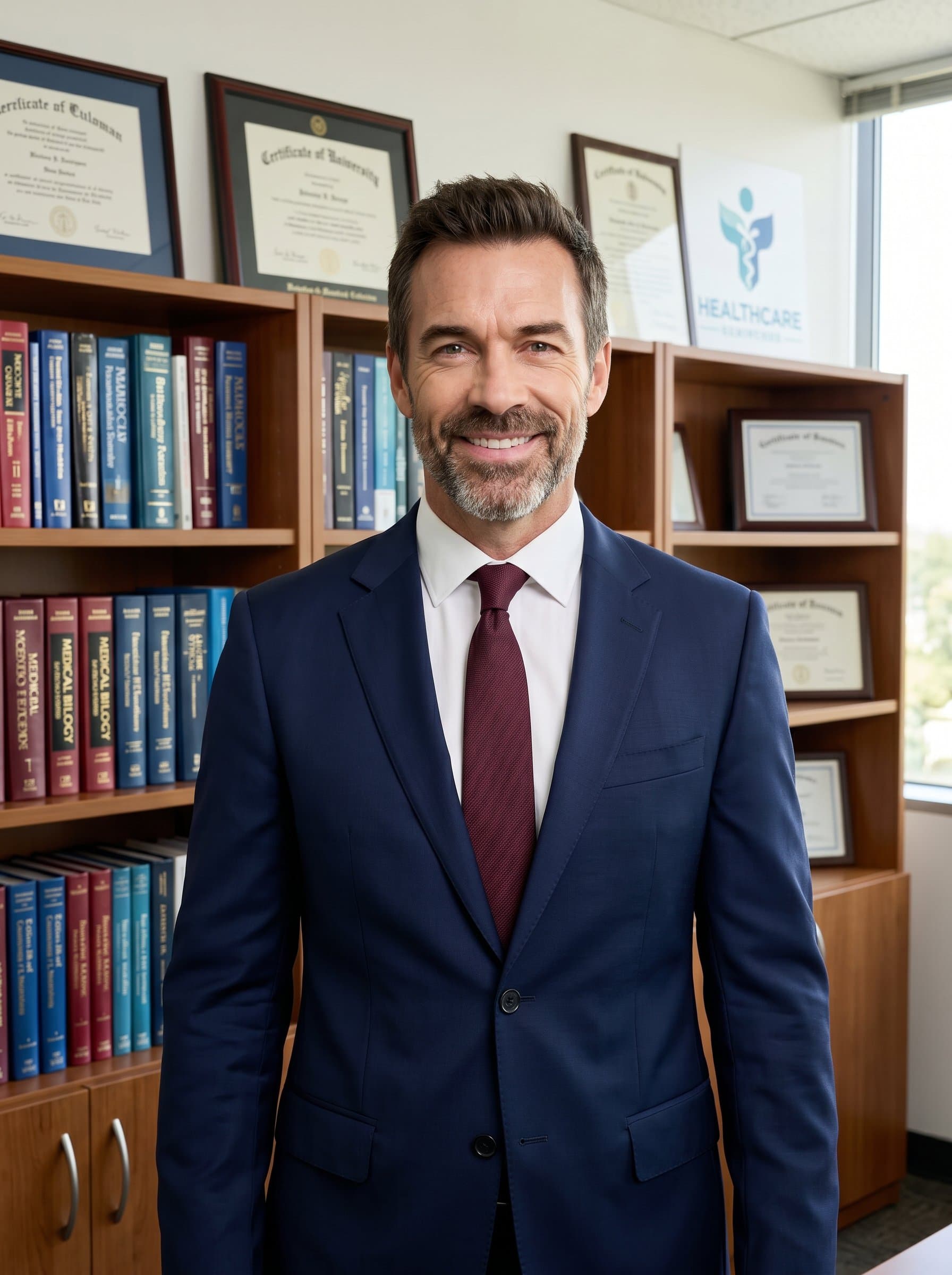 : A healthcare administrator exudes professionalism in a well-fitted suit, with a friendly smile. The office background is filled with medical books and certificates, creating an atmosphere of expertise and reliability.