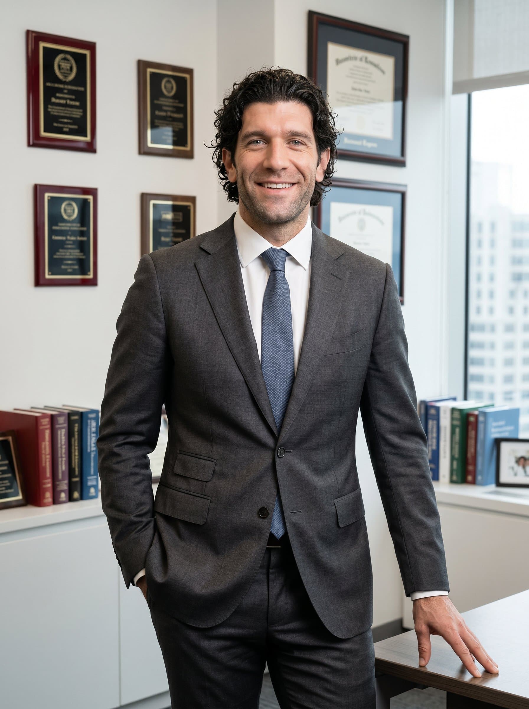 : Illustrate a healthcare administrator in a well-tailored suit, smiling easily. They stand in an office environment with framed accolades, the lighting emphasizing their poised and confident presence.