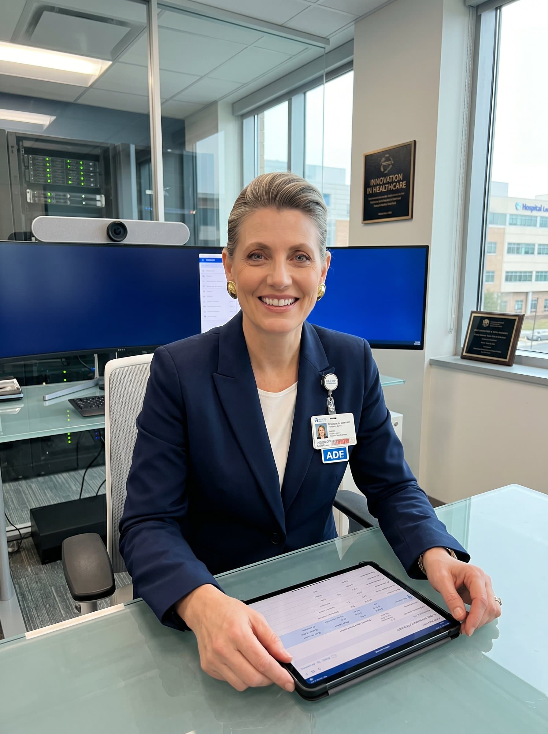 : Focus on a healthcare administrator in a crisp suit, offering a genuine smile. The office setting showcases cutting-edge technology, reflecting innovation. Balanced lighting highlights their open and welcoming demeanor.