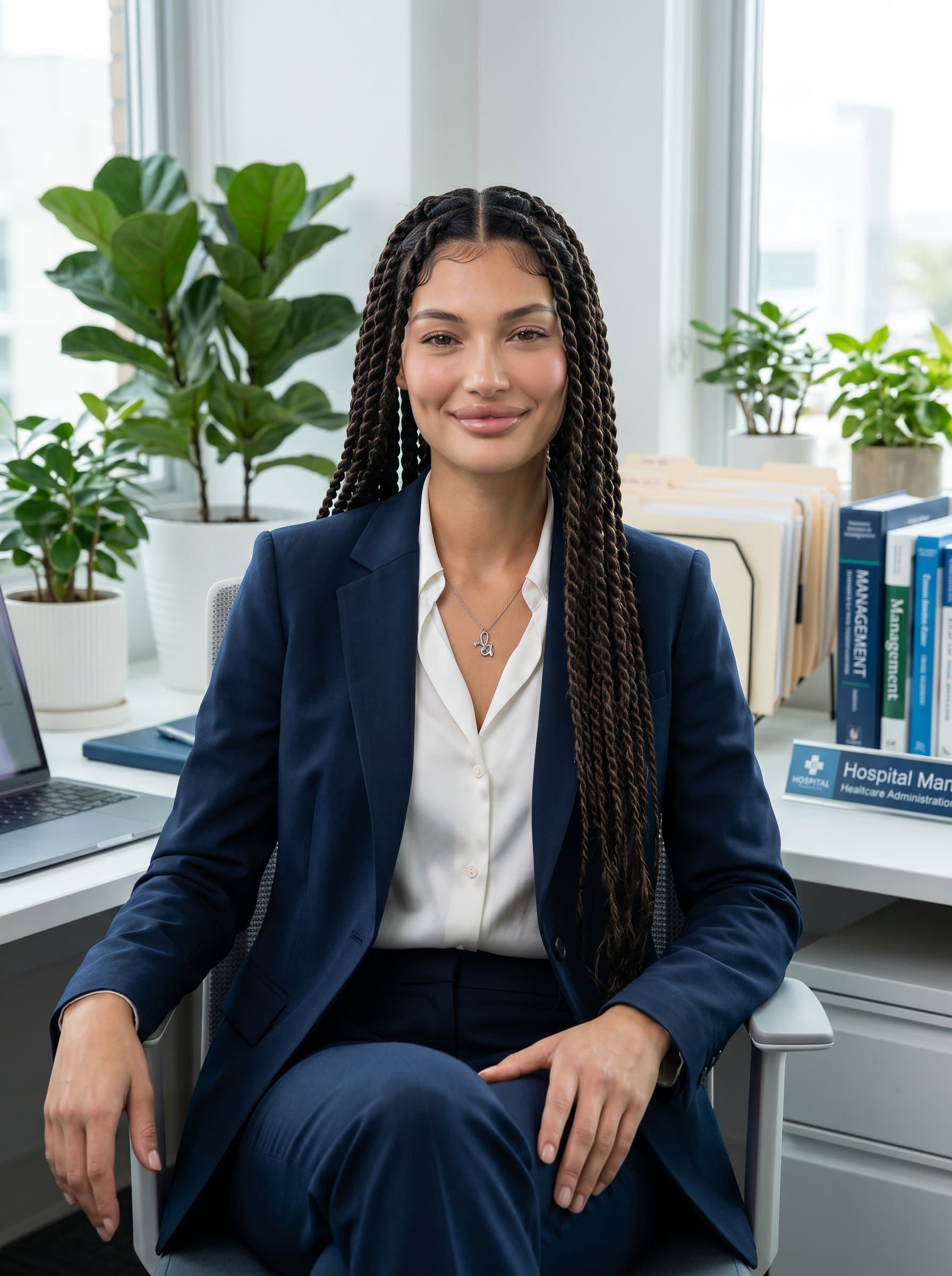 : Depict a healthcare administrator in a sharp suit, smiling softly. The background features a well-organized office with plants, conveying a sense of calm efficiency and a friendly yet professional image.