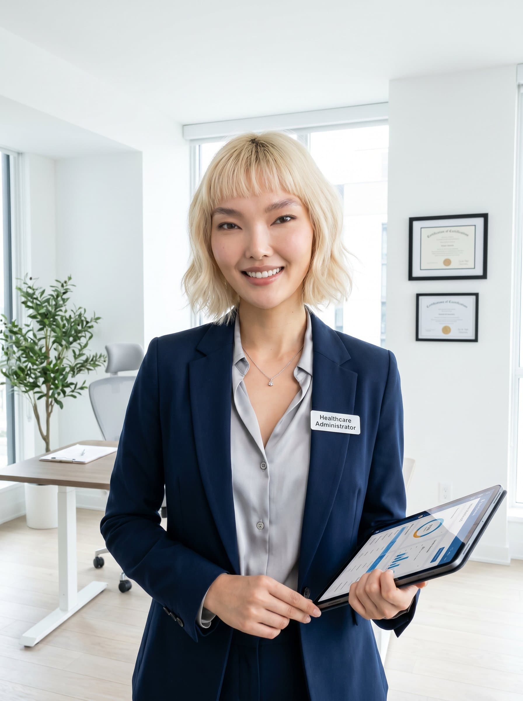 : Visualize a healthcare administrator in a stylish suit, with a reassuring smile. The minimalist office background, with subtle professional touches, speaks to their modern and efficient approach in healthcare management.