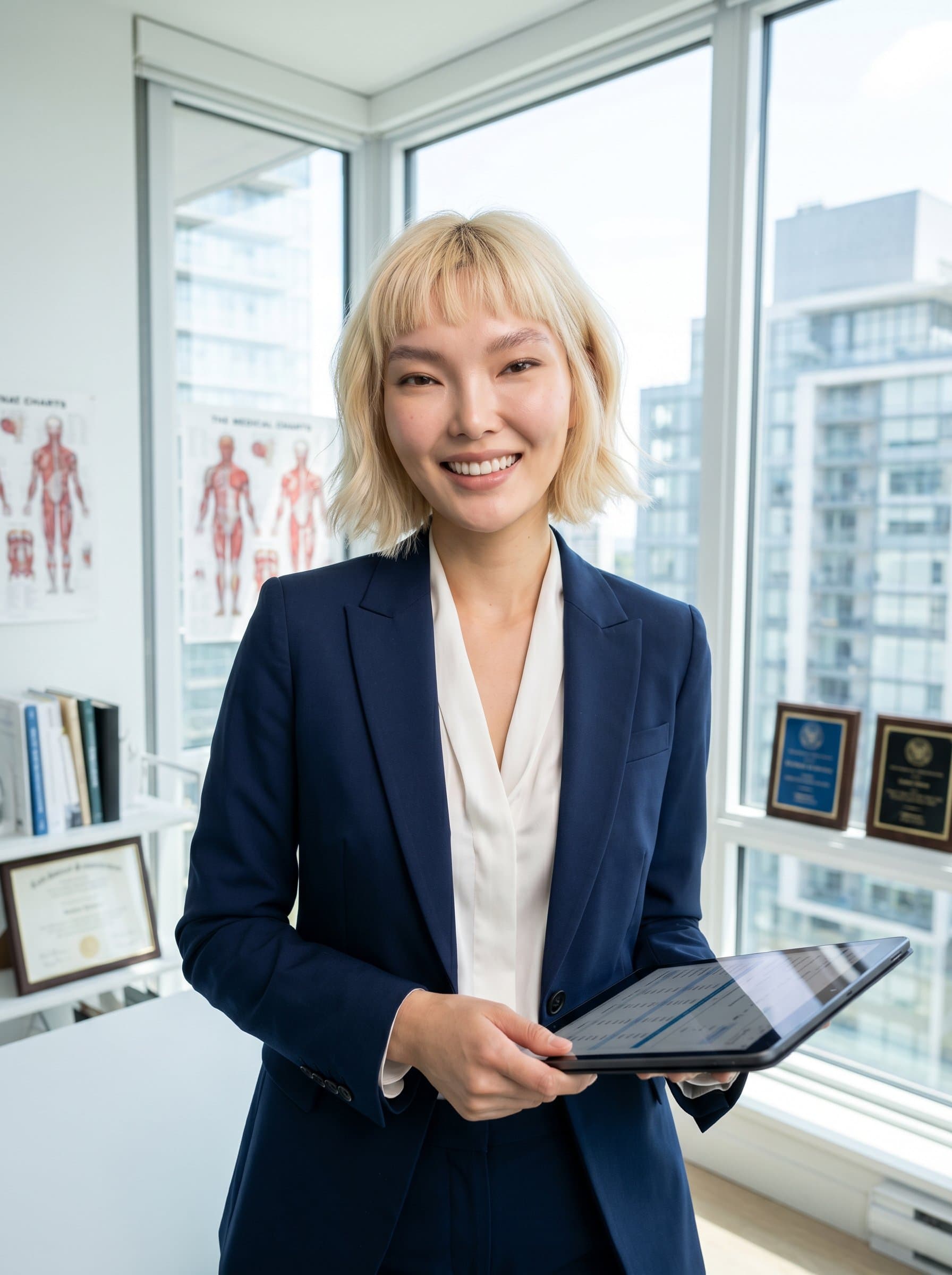 : Showcase a healthcare administrator in a sophisticated suit, smiling invitingly. The office backdrop features large windows with natural light, creating an open and honest impression, while professional lighting adds a polished touch.