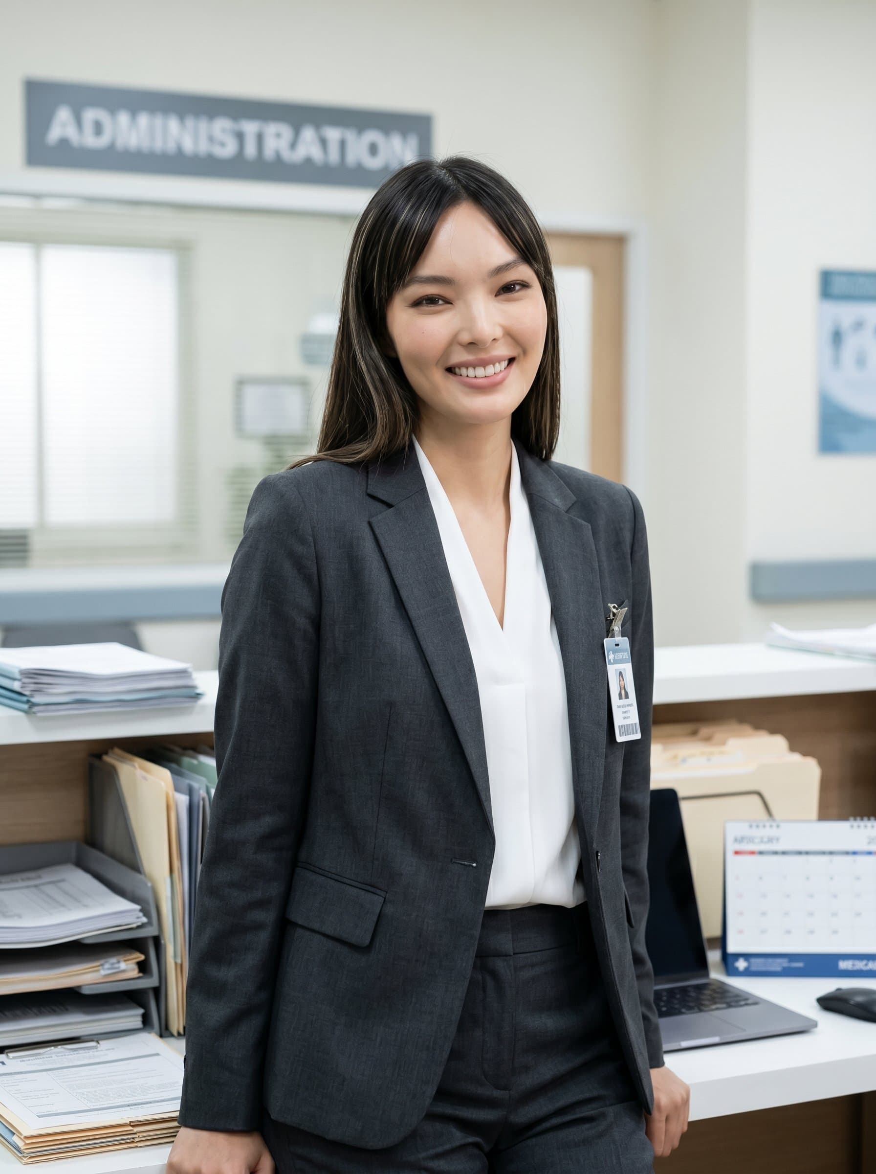 : Compose an image of a healthcare administrator in a business suit, smiling with assurance. The professional office ambiance, with a focus on documentation and neatness, enhances their trustworthy and dedicated demeanor.