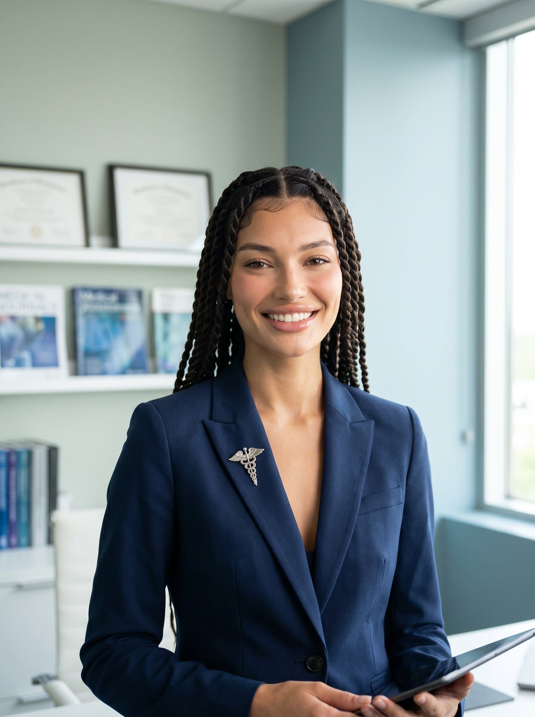: Render a healthcare administrator in a sleek suit, with a friendly smile. The background of the office is filled with calming colors, promoting a sense of peace and competence, highlighted by professional lighting.