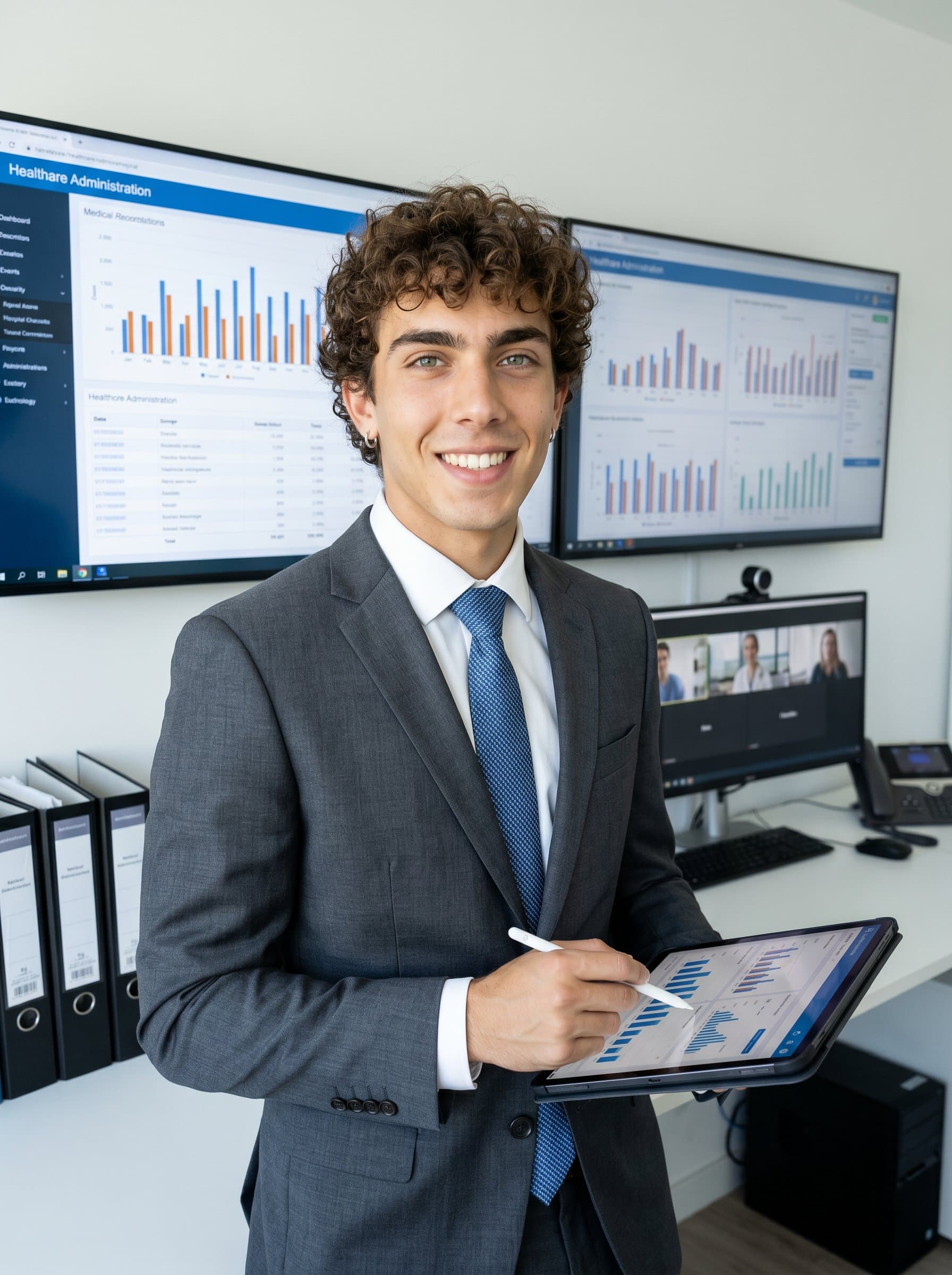 : Portray a healthcare administrator in a well-fitted suit, smiling naturally. The office space includes technology and resources, giving off a vibe of innovation and readiness to tackle challenges.