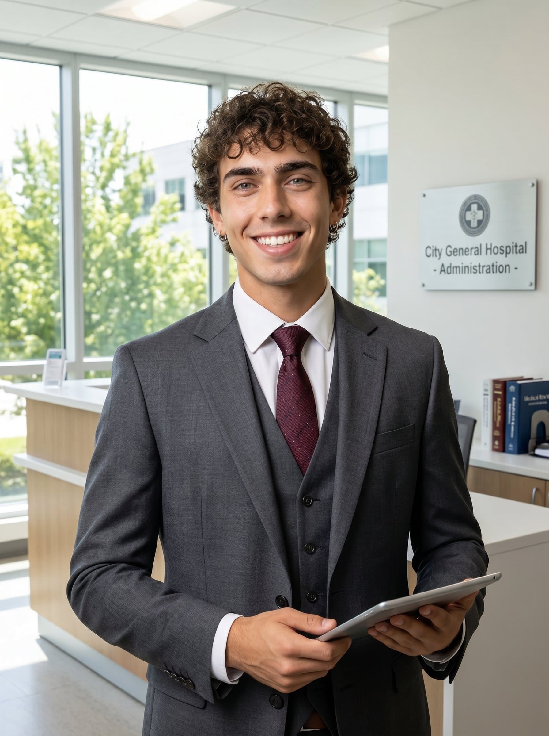: Render a healthcare administrator in a formal suit, smiling openly. The office background is filled with light and airy elements, the lighting capturing their approachable and competent persona.
