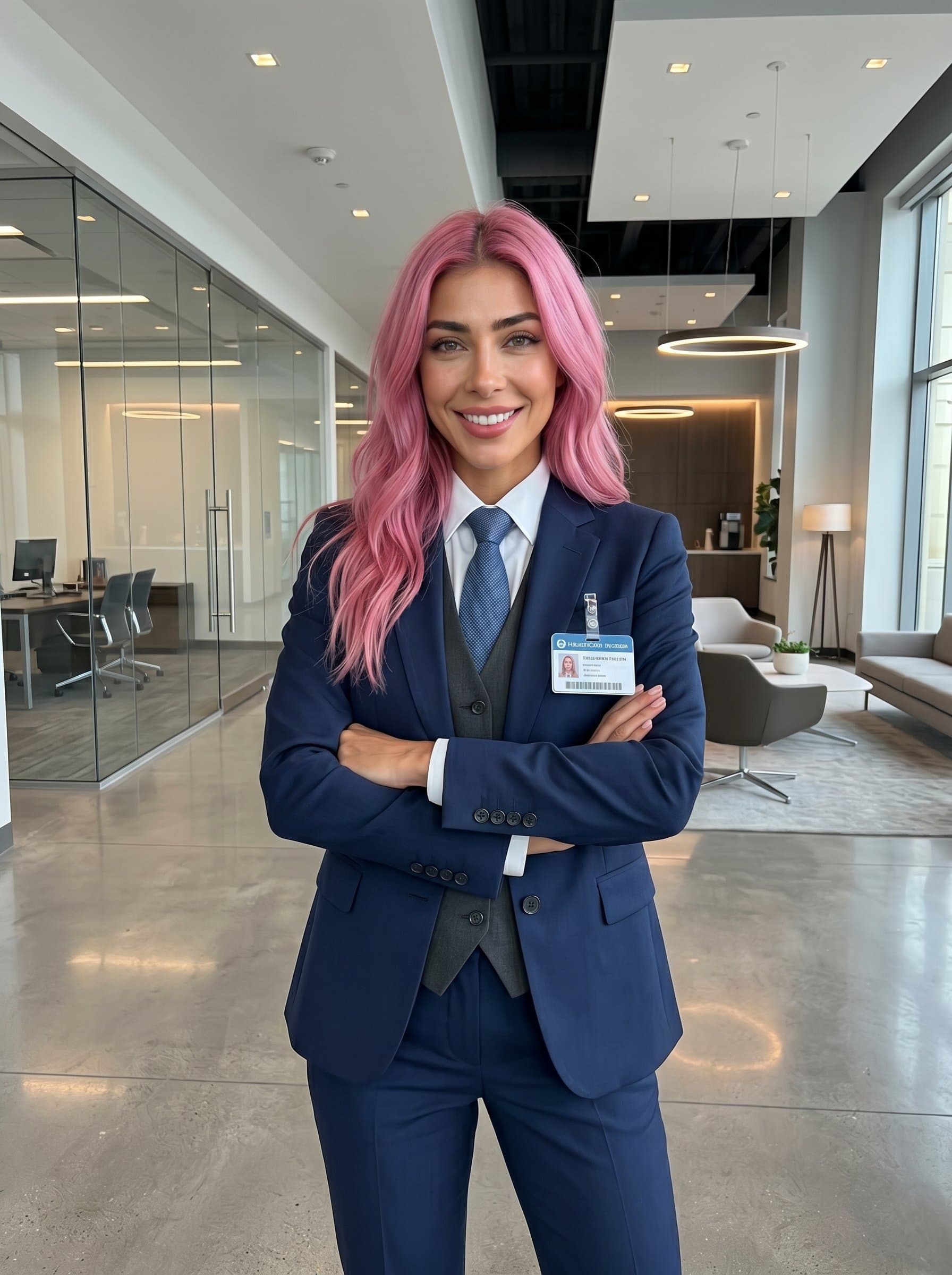: Capture a confident healthcare administrator in a tailored suit, smiling warmly. They're posed in a modern office with sleek decor, professional lighting highlighting their features, conveying both approachability and authority.