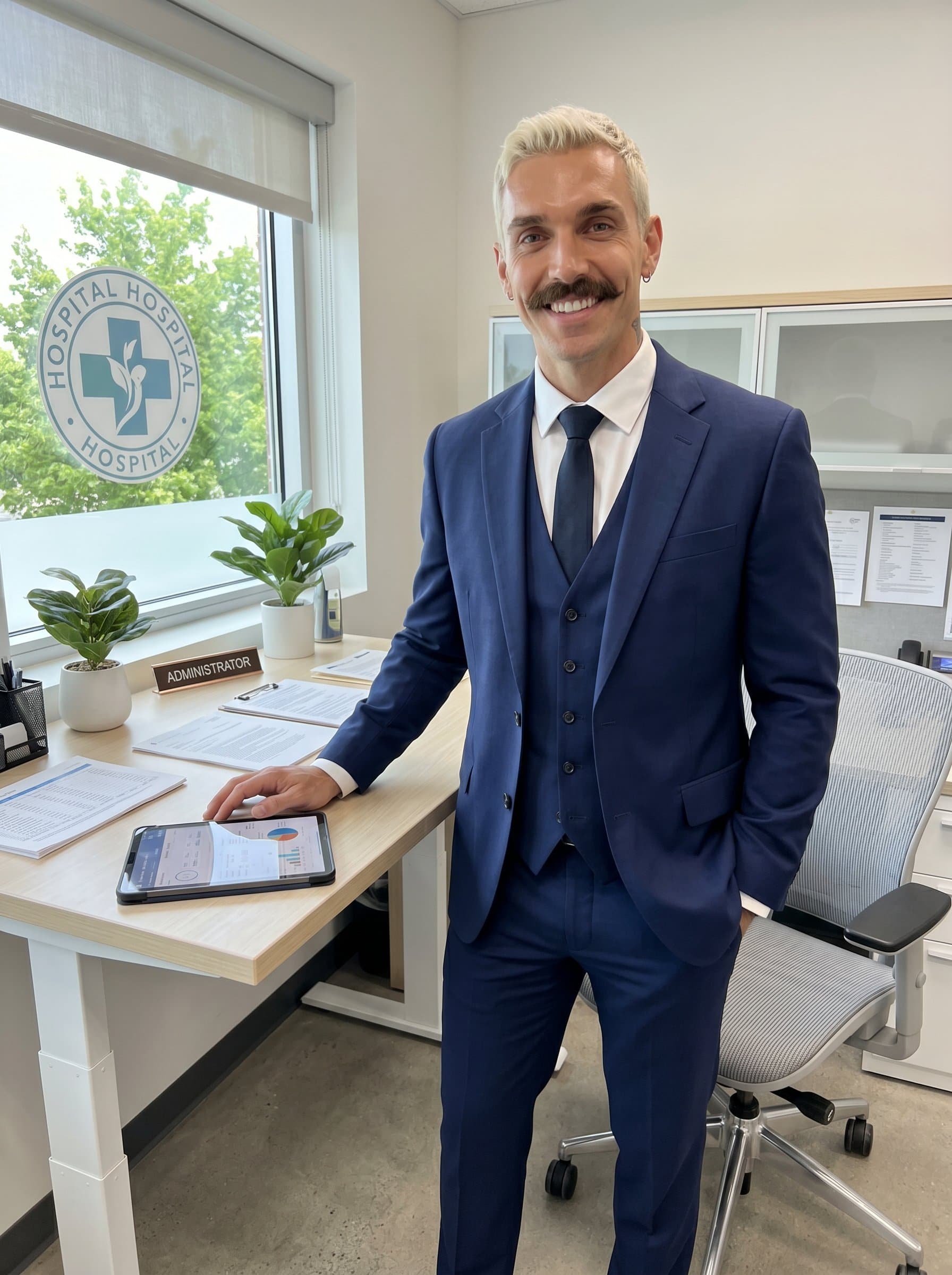 : Create a realistic portrayal of a healthcare administrator in a neat suit, flashing a welcoming smile. The office is designed with ergonomic furniture, suggesting a focus on well-being and productivity.