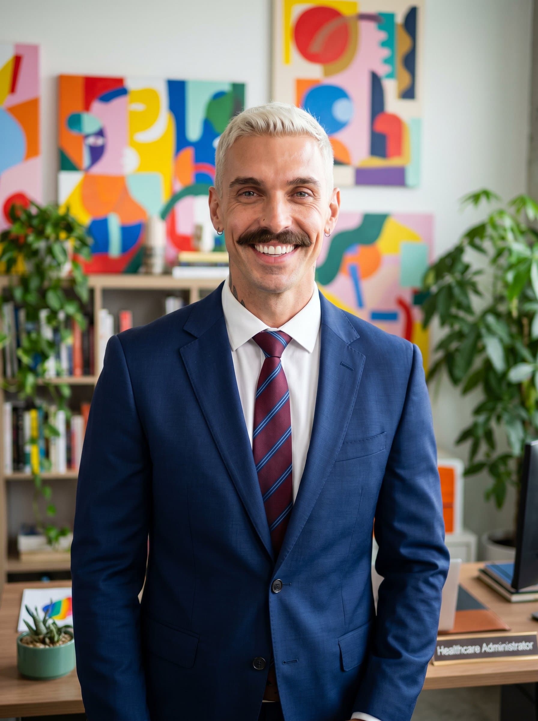 : Illustrate a healthcare administrator in a crisp suit, smiling broadly. They are positioned in an office with vibrant colors and artwork, which speaks to a creative yet professional aptitude.