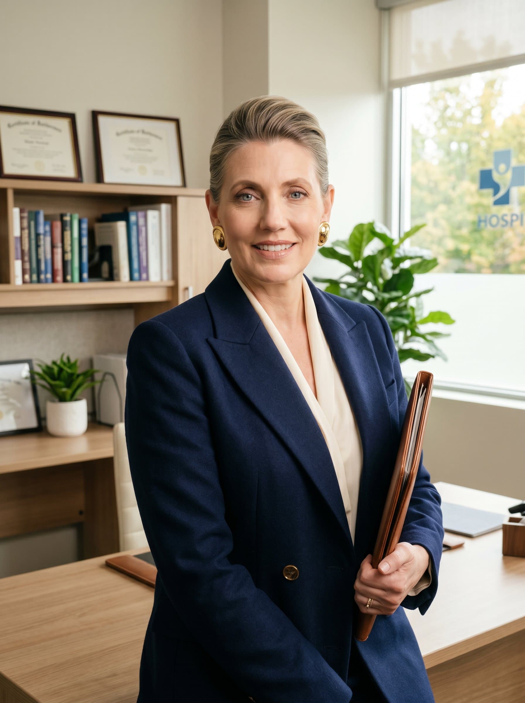 : Capture a healthcare administrator in an elegant suit, smiling gently. Their office is modern and organized, reflecting an image of professionalism and inviting conversation, with lighting that enhances this feel.