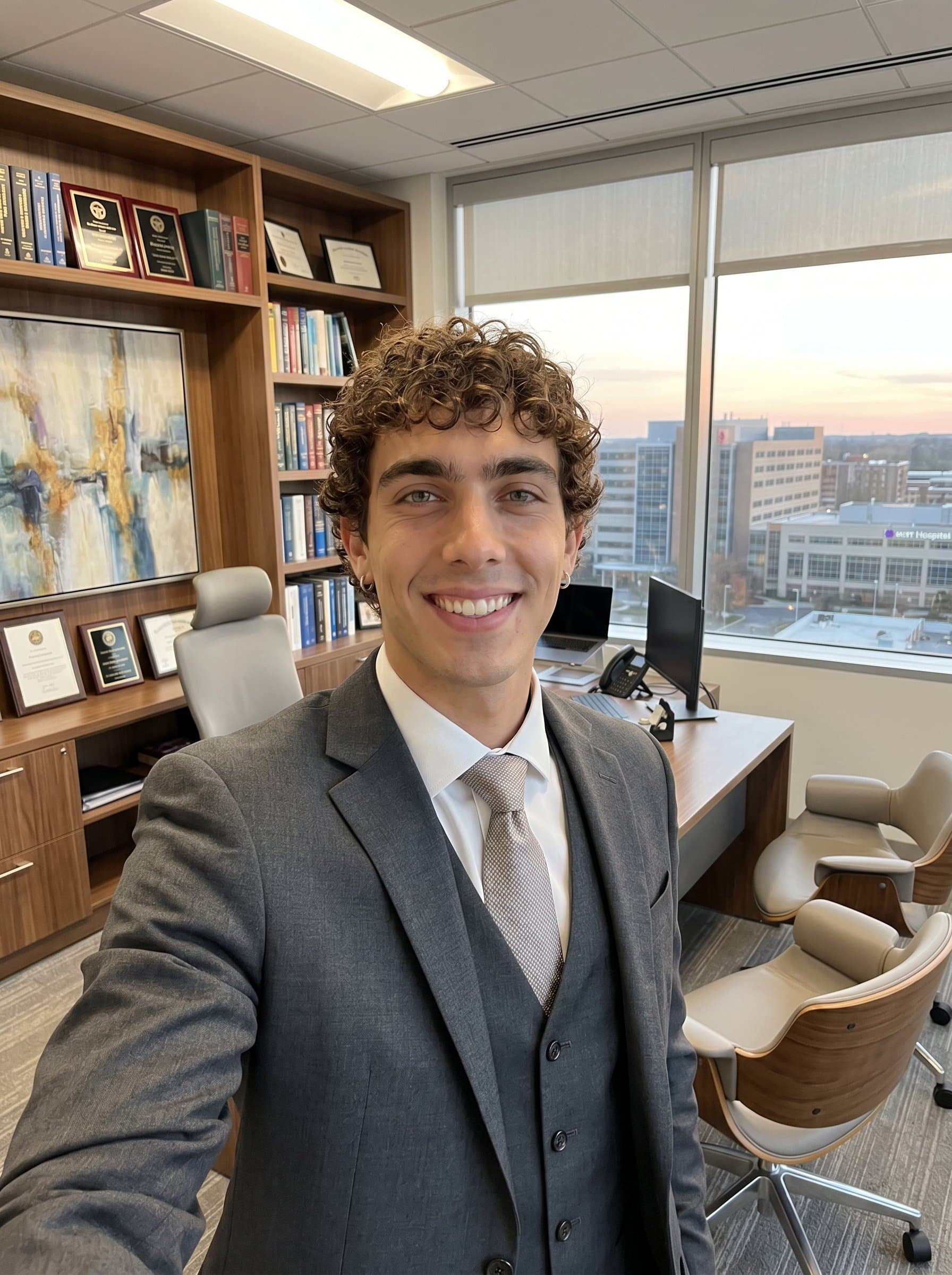 : Capture a healthcare administrator in a professional suit, smiling openly. The background is an office with subtle yet impactful decor choices, indicating a man who values both aesthetics and functionality.