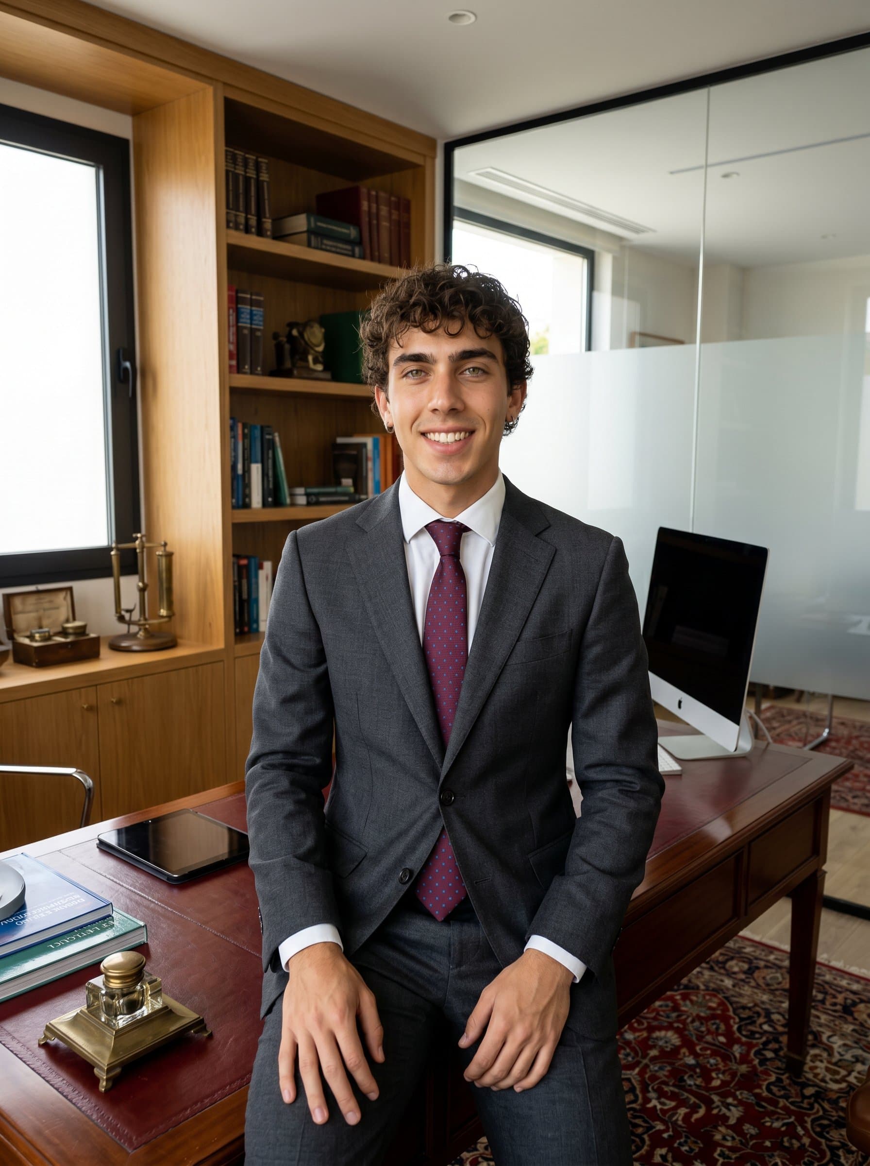 : Showcase a healthcare administrator in a smart suit, smiling warmly. The office, with its blend of traditional and modern elements, creates an image of someone who respects heritage yet embraces new methodologies.