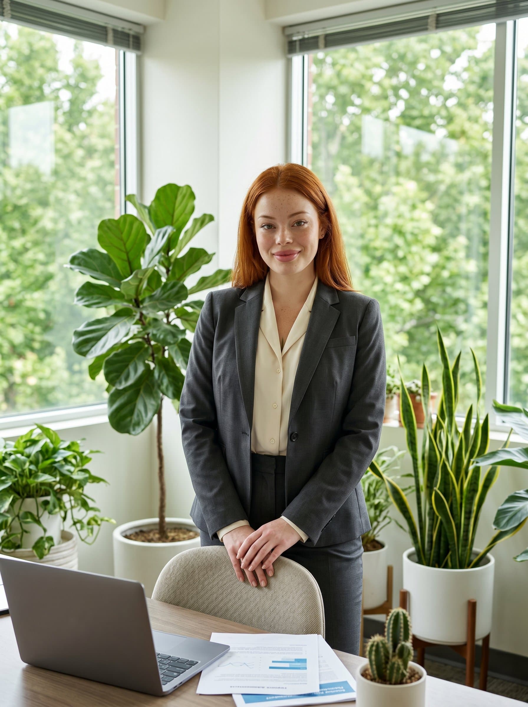 : Visualize a healthcare administrator in a polished suit, smiling gently. They are in an office with a focus on nature, plants and wide windows creating a serene atmosphere, complementing their calm leadership style.
