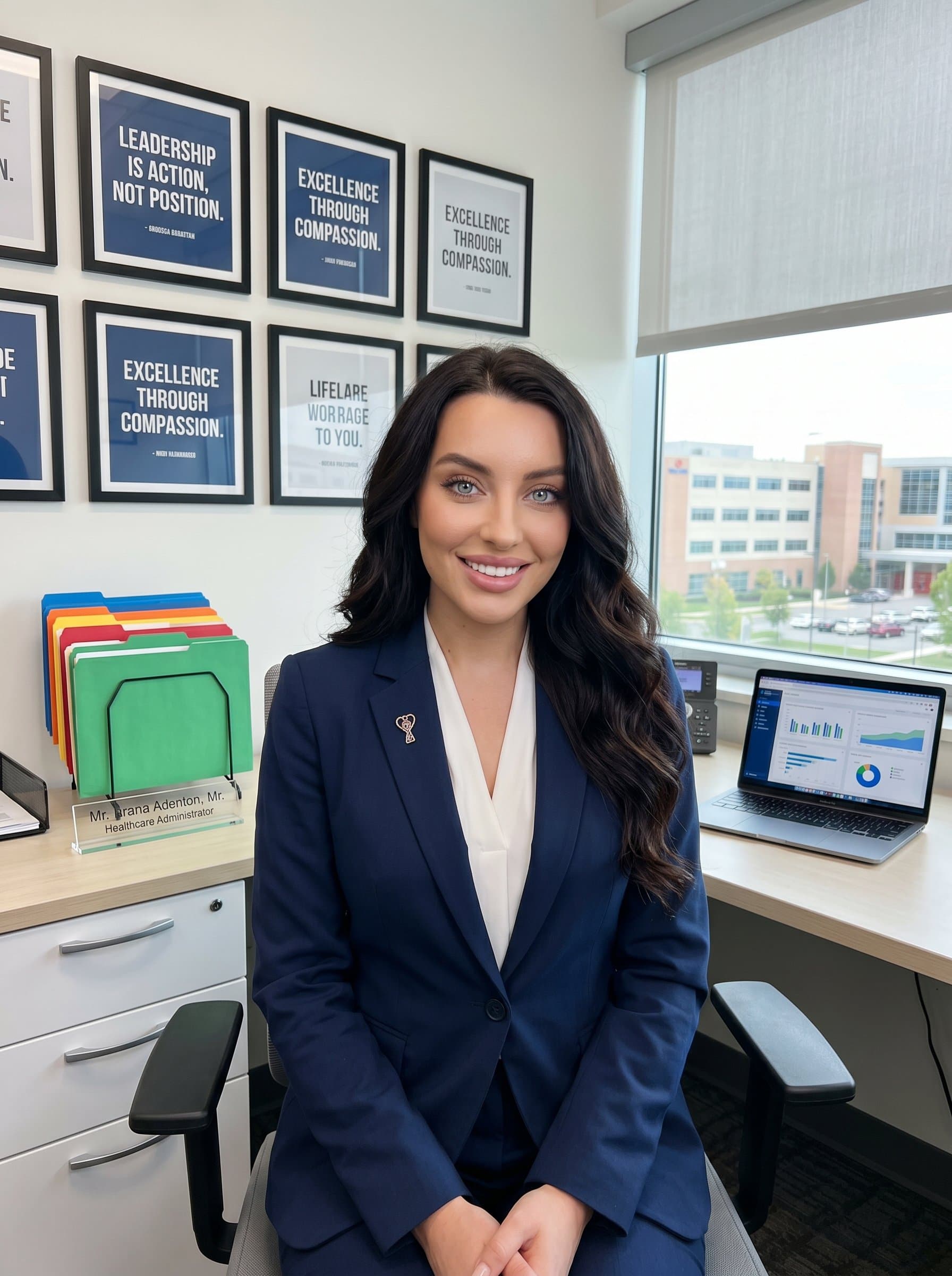 : Depict a healthcare administrator in a classic suit, offering a confident smile. The office setting is distinguished by motivational quotes and neat organization, underscoring a strong, goal-oriented personality.