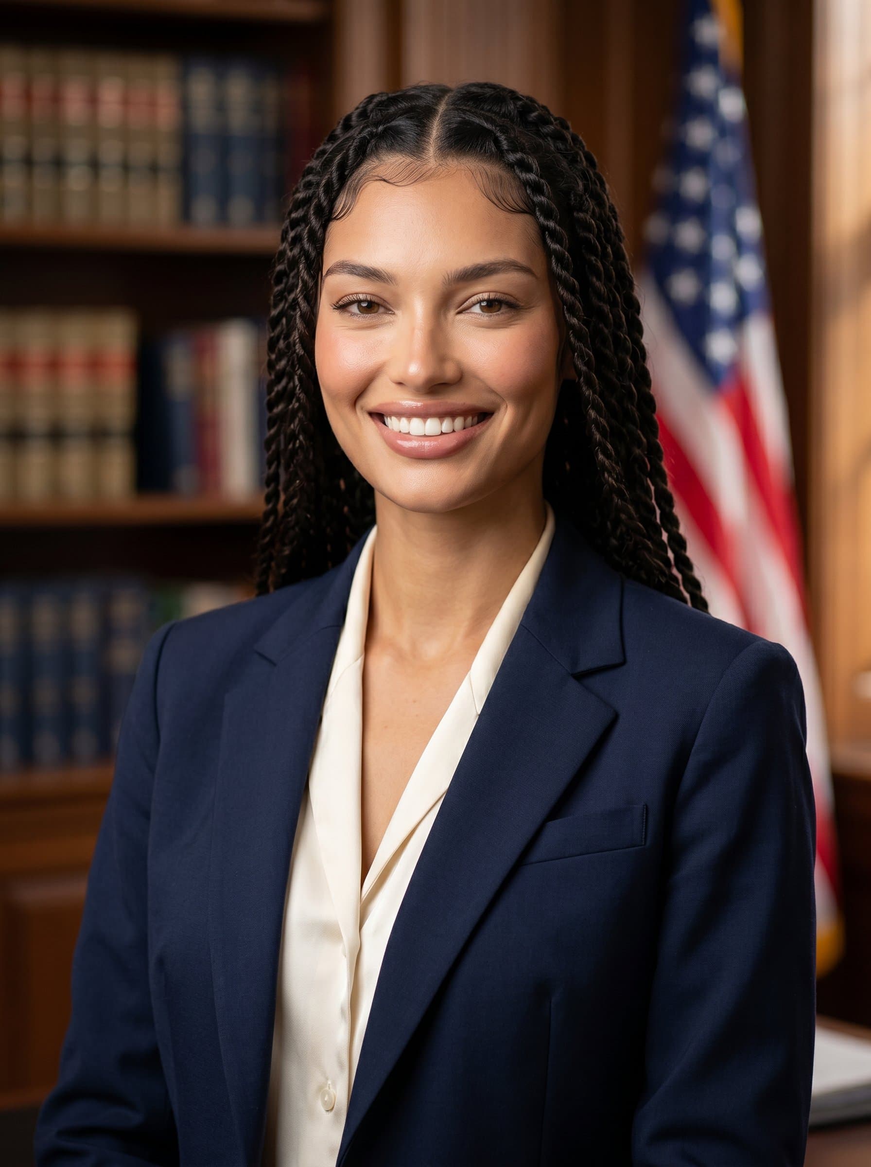: Capture a dignified headshot with a warm smile, highlighting leadership qualities through confident posture and subtle background elements like books or flags, perfect for political campaign materials.