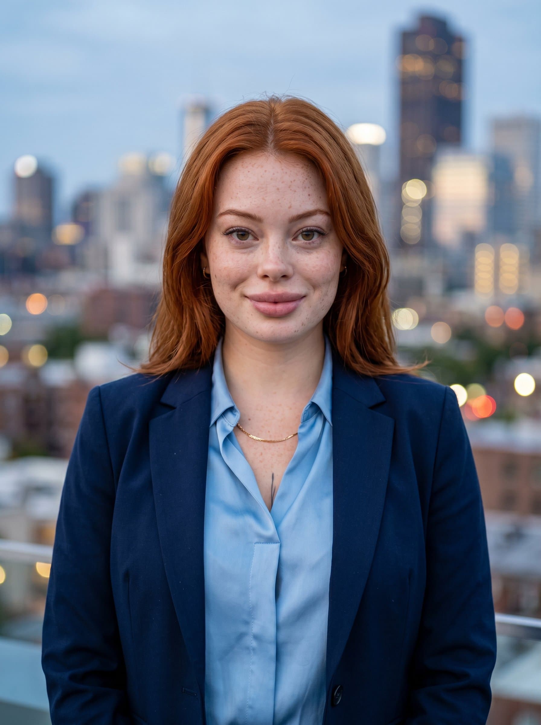 : Design a headshot that exudes trust and competence, featuring natural eye contact and a slight smile, against a blurred cityscape backdrop symbolizing connection to the community.