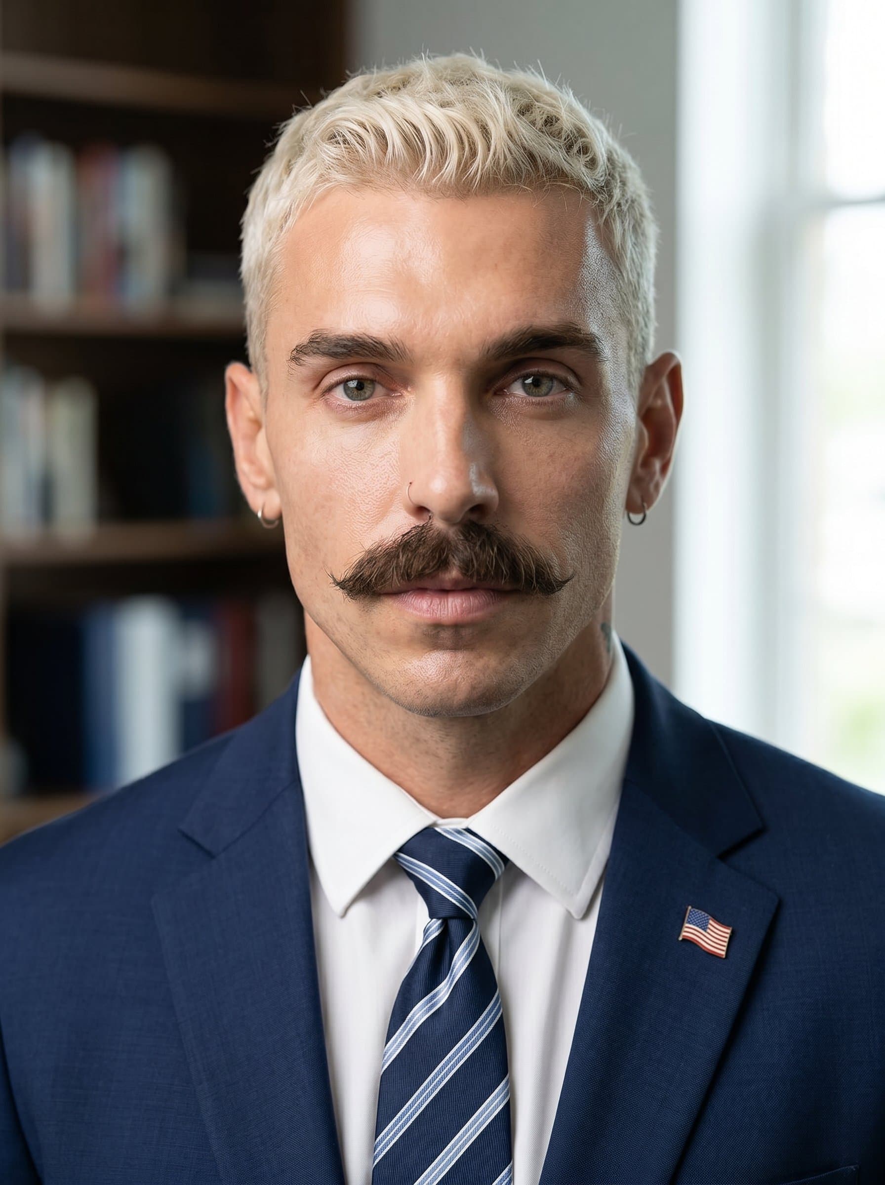 : Generate a headshot portrait with a professional outfit and a calm demeanor, utilizing soft shadows and balanced lighting to convey reliability and stability in political campaigns.