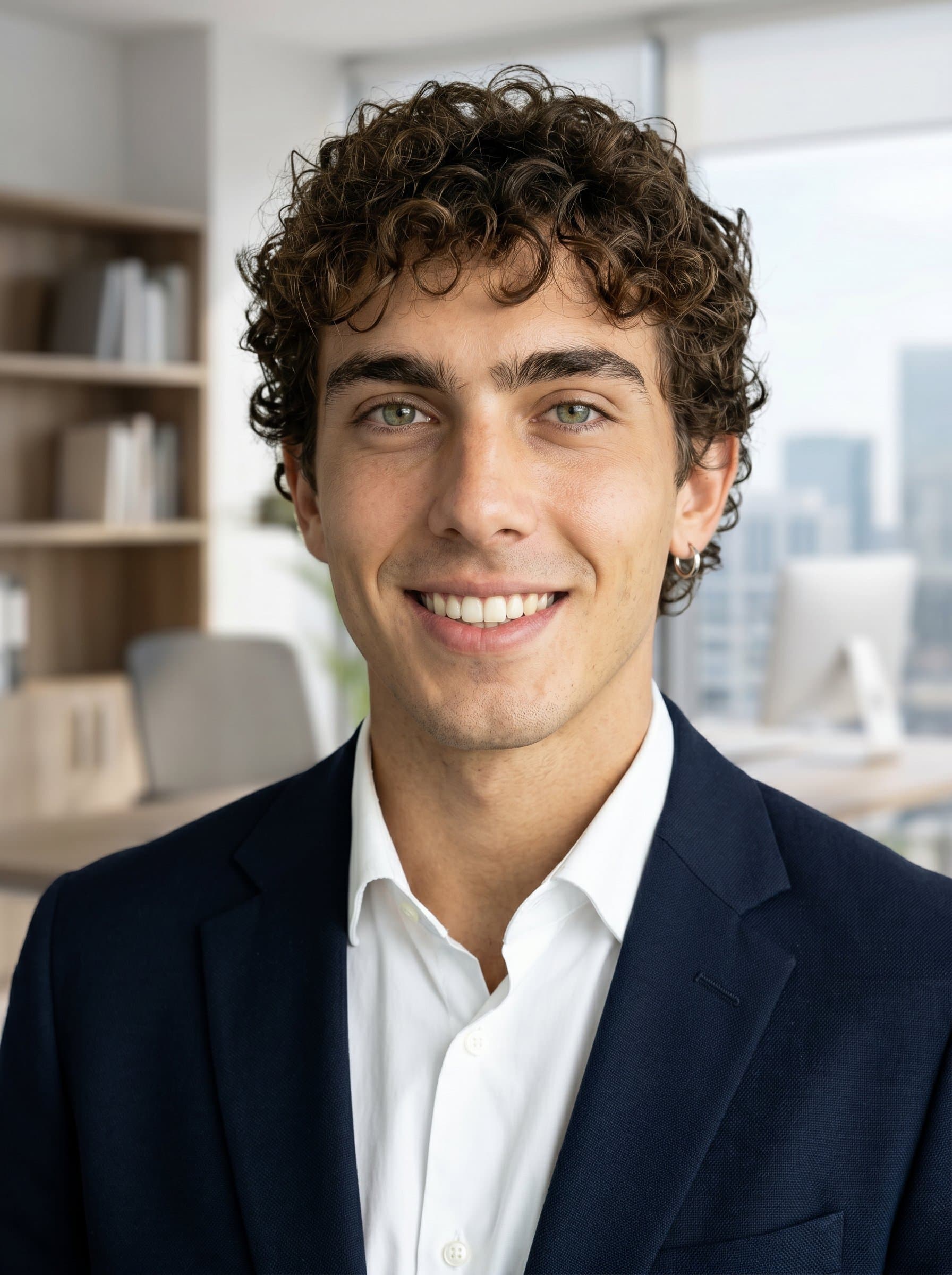 : Capture a headshot with a confident expression and a nuanced smile, set in an office environment to symbolize dedication and accessibility for political media features.