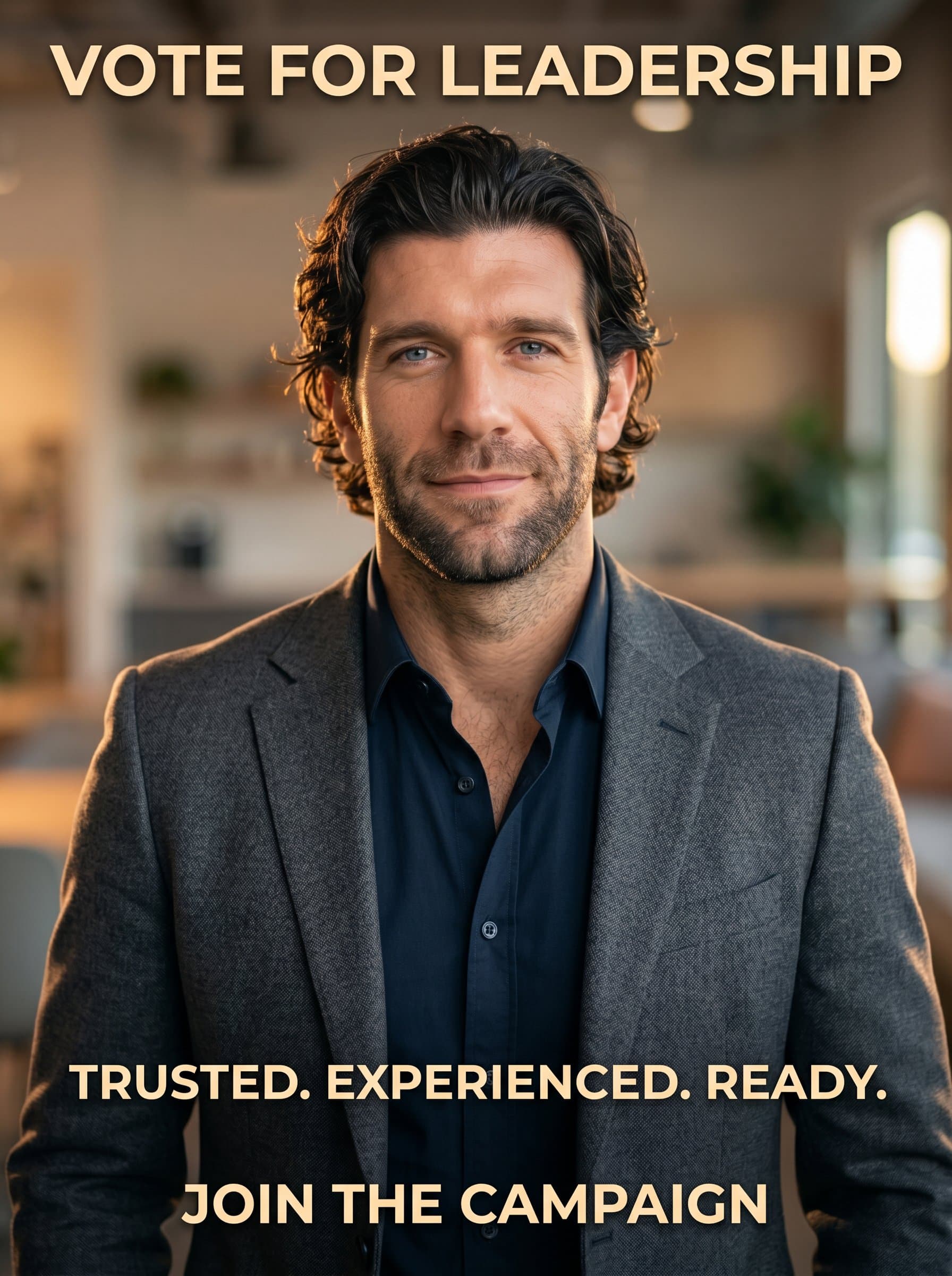: Render a headshot with a confident posture and direct gaze, utilizing warm tones and soft lighting, perfect for campaign posters showcasing leadership qualities.