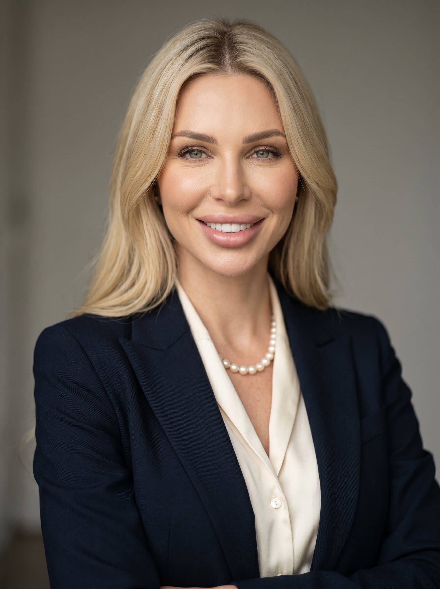 : Create a sophisticated headshot with a neutral background and crisp focus, highlighting intelligence and empathy, perfect for a politician's official online profiles.