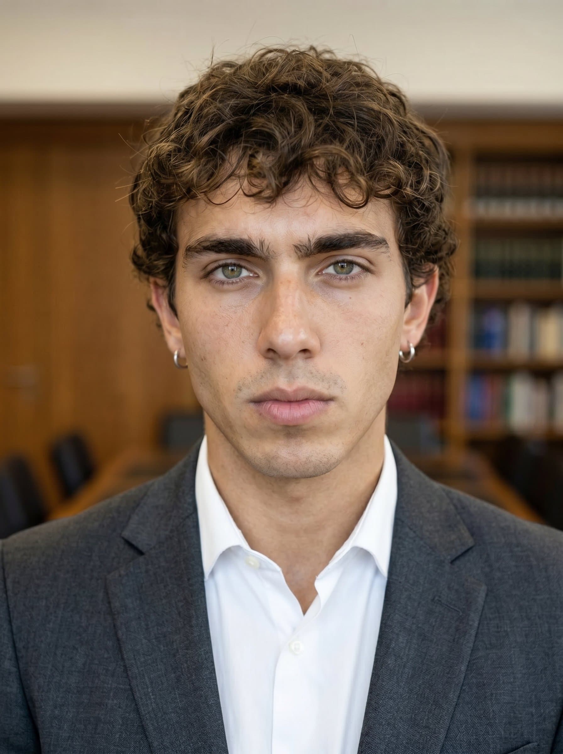 : Render a headshot capturing a thoughtful expression and direct eye contact, with a softly blurred background, perfect for political blogs and articles where insight is key.