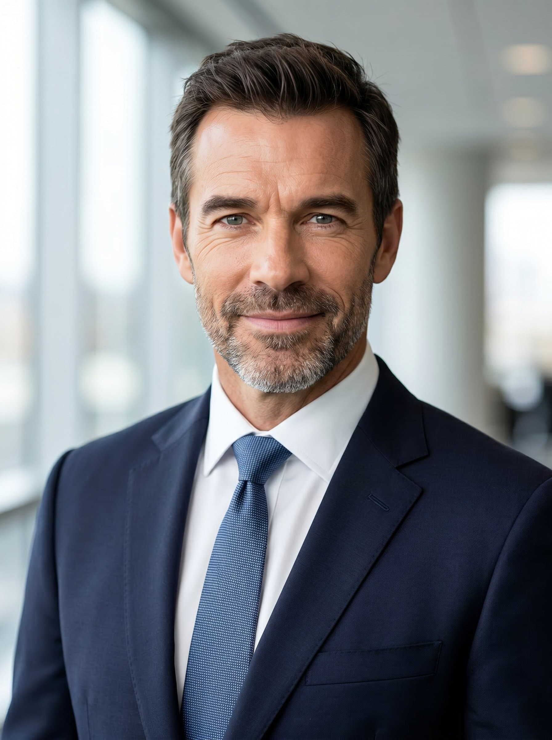 : Develop a headshot featuring a firm yet approachable expression, balanced lighting, and a soft-focus background to enhance an image of commitment and dedication in political marketing.