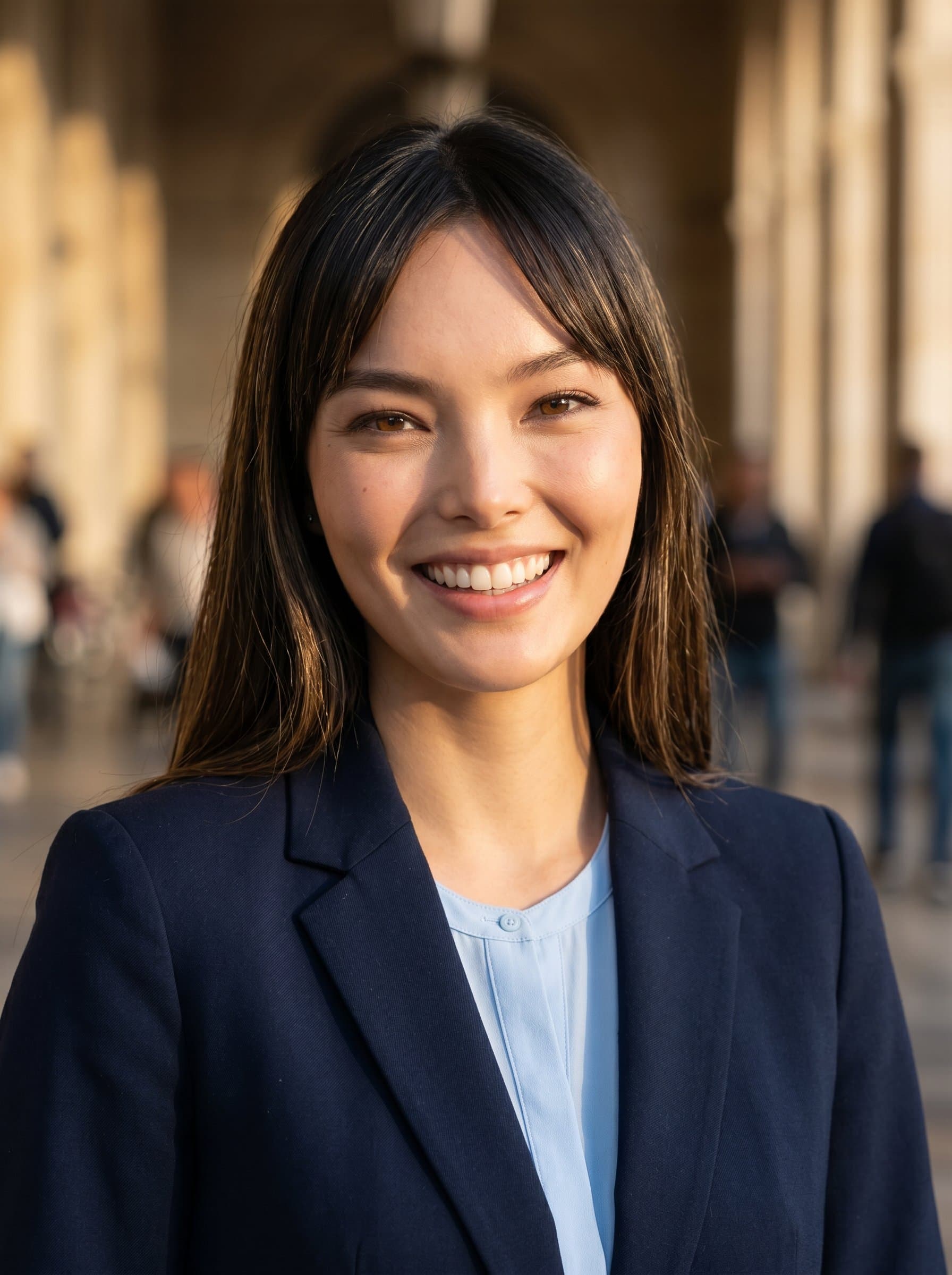 : Produce a headshot featuring a confident and engaging look, using warm lighting and subtle shadows, conveying optimism and energy for political speeches.