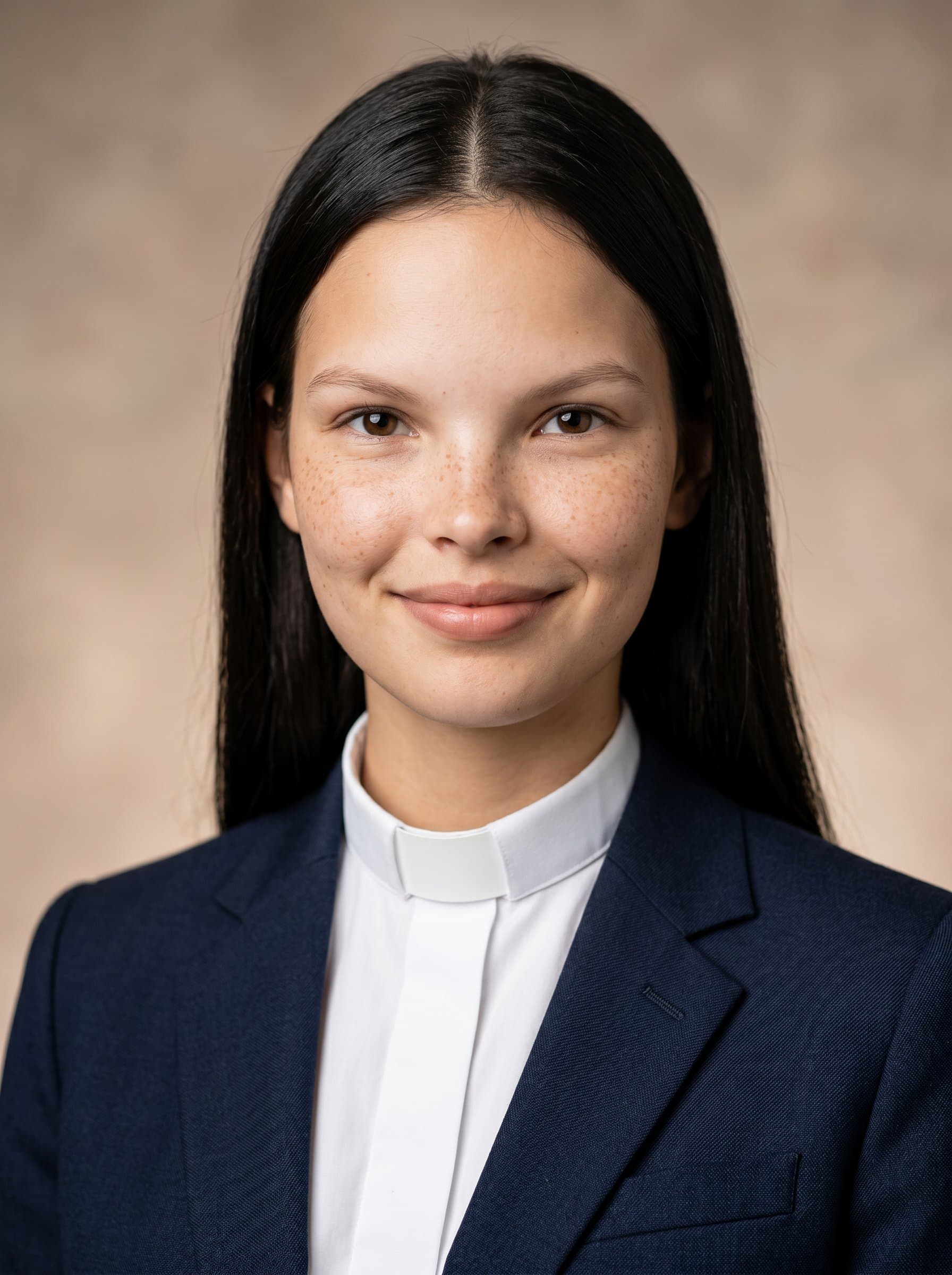 : A professional AI headshot of a pastor with a gentle smile, wearing a tailored dark suit and clerical collar, set against a soft beige background, exuding trustworthiness and kindness.