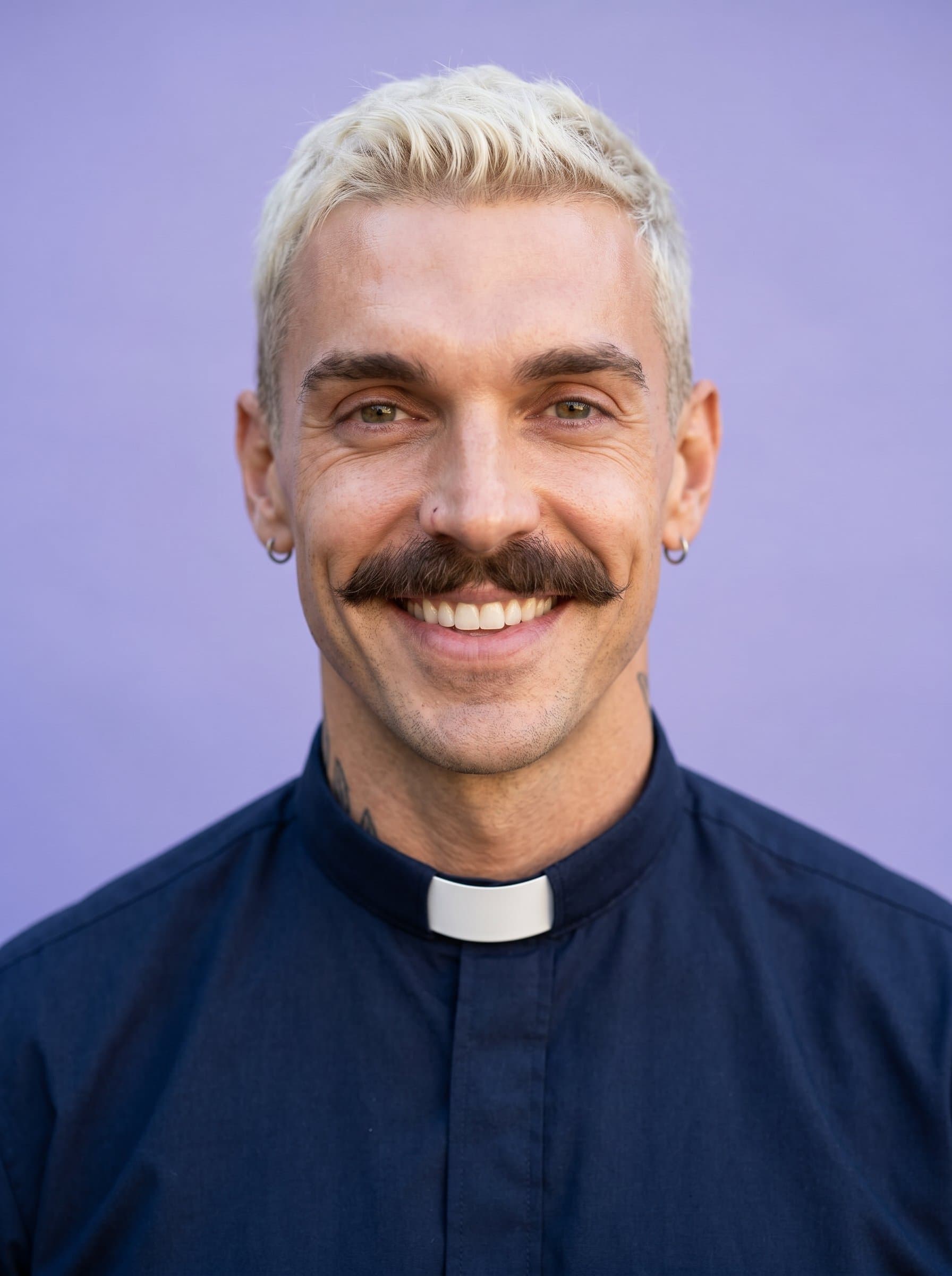 : AI-generated headshot of a pastor with a nurturing smile, dressed in a respectful navy blue clergy shirt, set against a soft lavender background, embodying empathy and dedication.