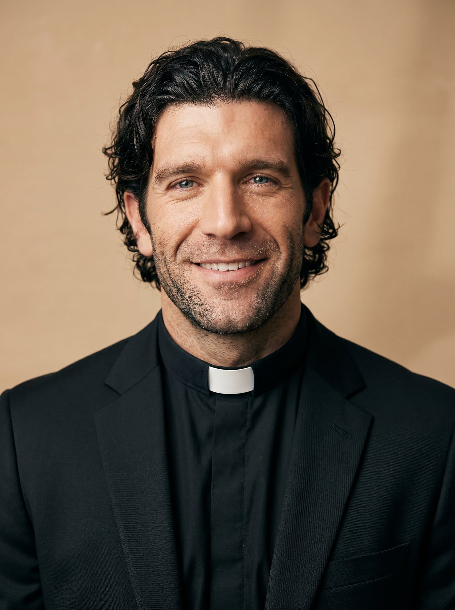 : AI-generated portrait of a pastor with an inviting smile, wearing a classic clerical collar and a subtle black jacket, set against a light tan background, conveying warmth and integrity.