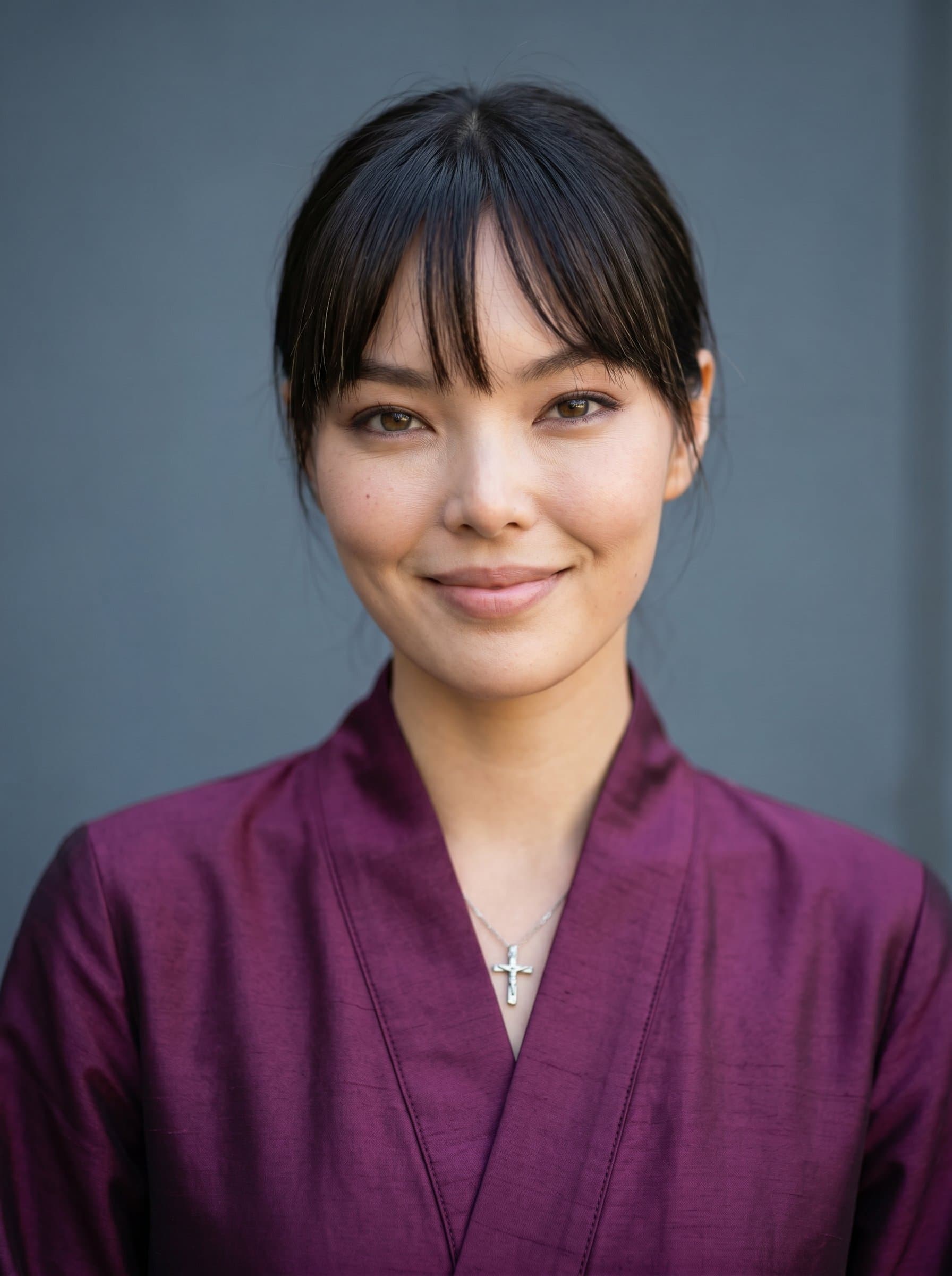 : Capture a headshot of a pastor with an amiable expression, adorned in a simple yet elegant plum-colored robe, against a gentle slate-gray backdrop, representing solace and guidance.