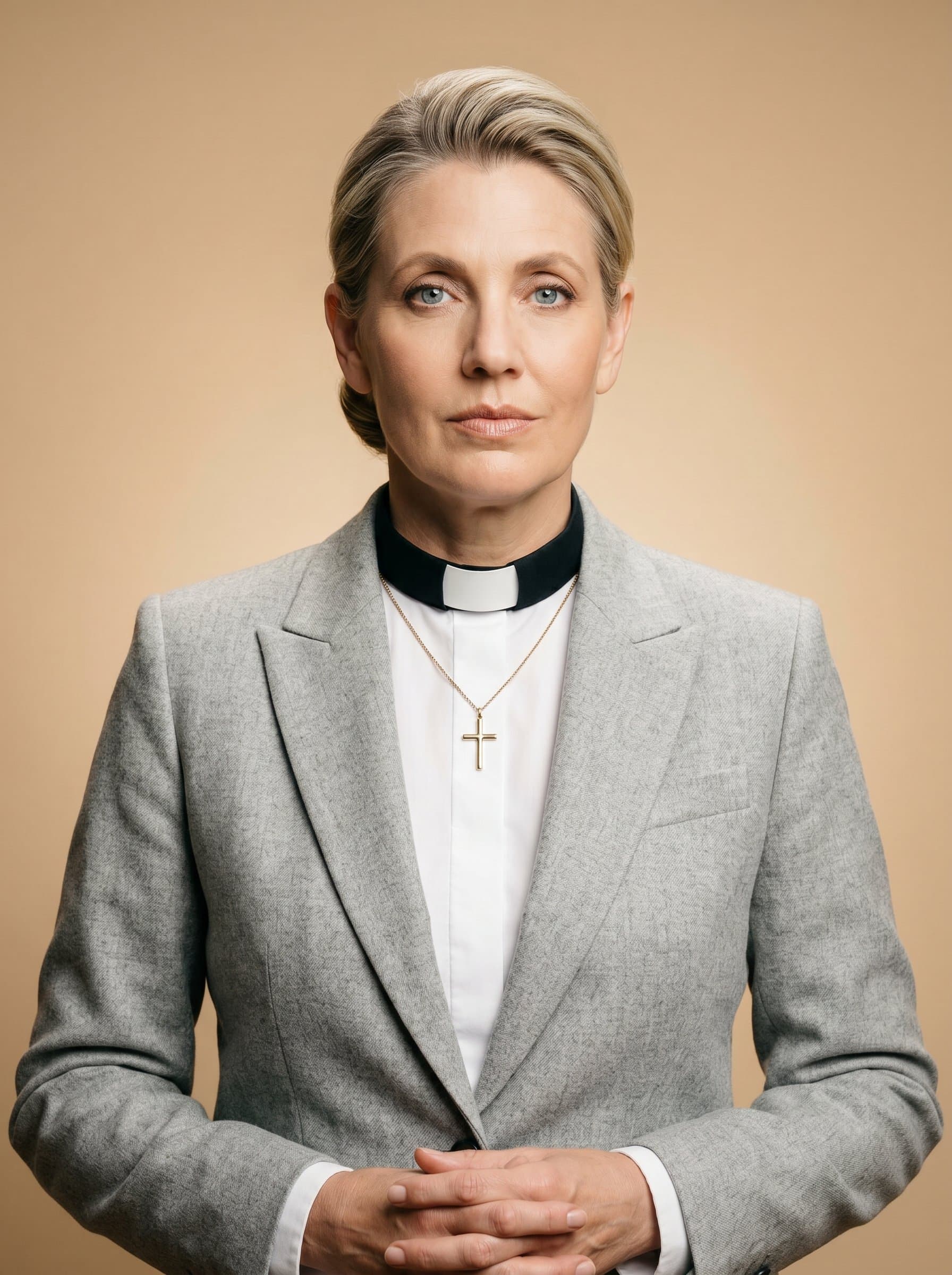 : Create a high-resolution headshot of a pastor with a serene and thoughtful gaze, dressed in a crisp light gray suit, with a calming beige background, to portray wisdom and reliability.