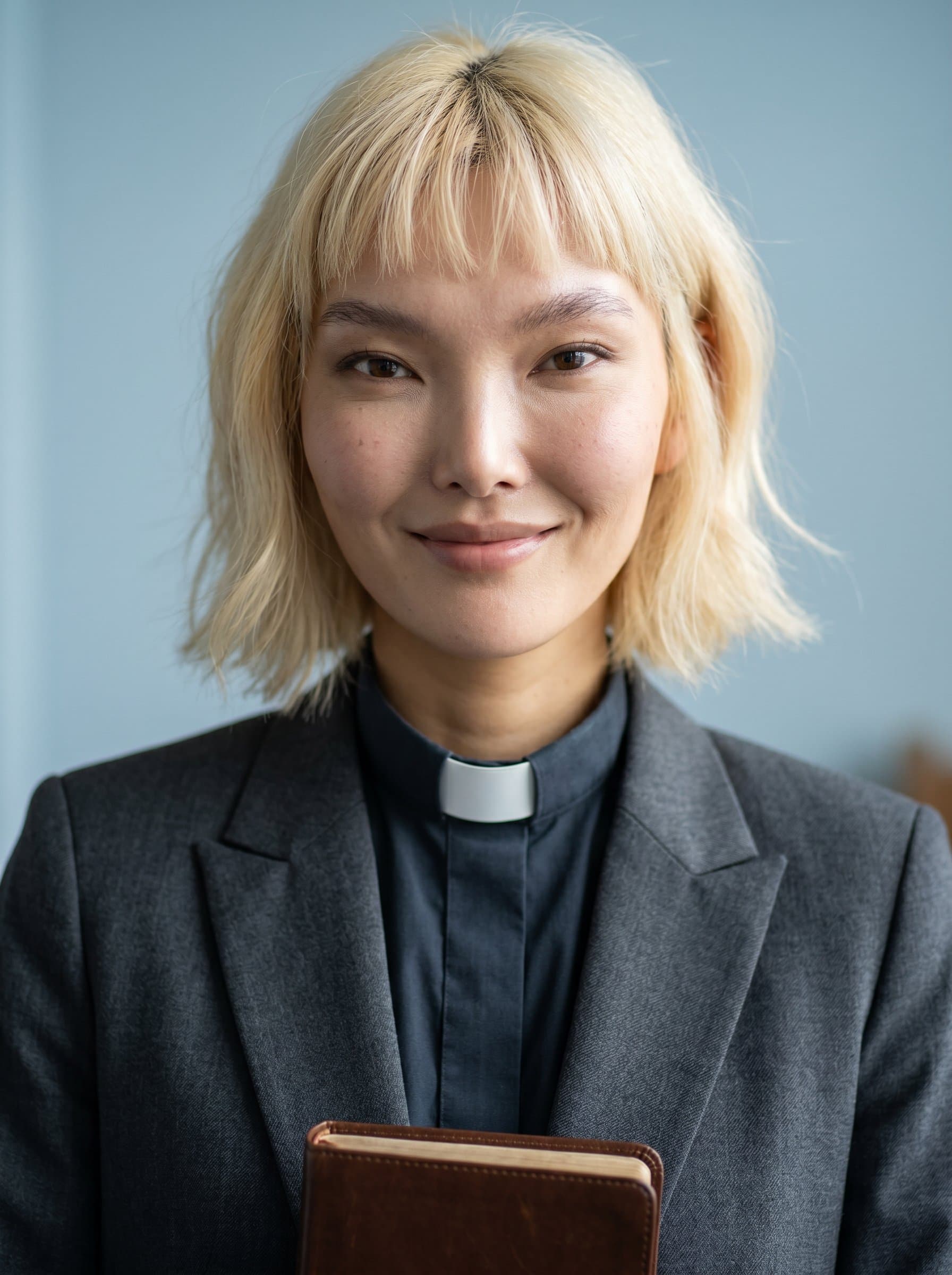 : A realistic headshot of a pastor featuring kind eyes, wearing a sophisticated charcoal blazer, with a subdued light blue backdrop, embodying the essence of spiritual guidance and leadership.