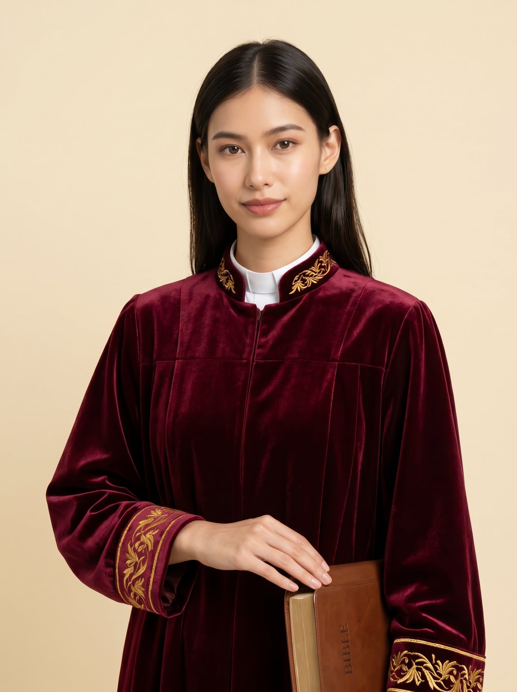 : Photorealistic portrait of a pastor with a compassionate gaze, in an elegant maroon robe, standing against a pale cream backdrop, conveying wisdom and a caring spirit towards their congregation.