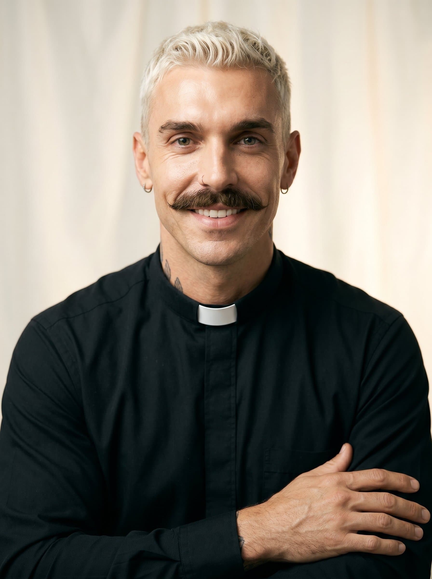 : Generate a pastor's headshot with a warm and reassuring smile, in a classic black clerical shirt, set against a soft ivory background that emanates peace and understanding.