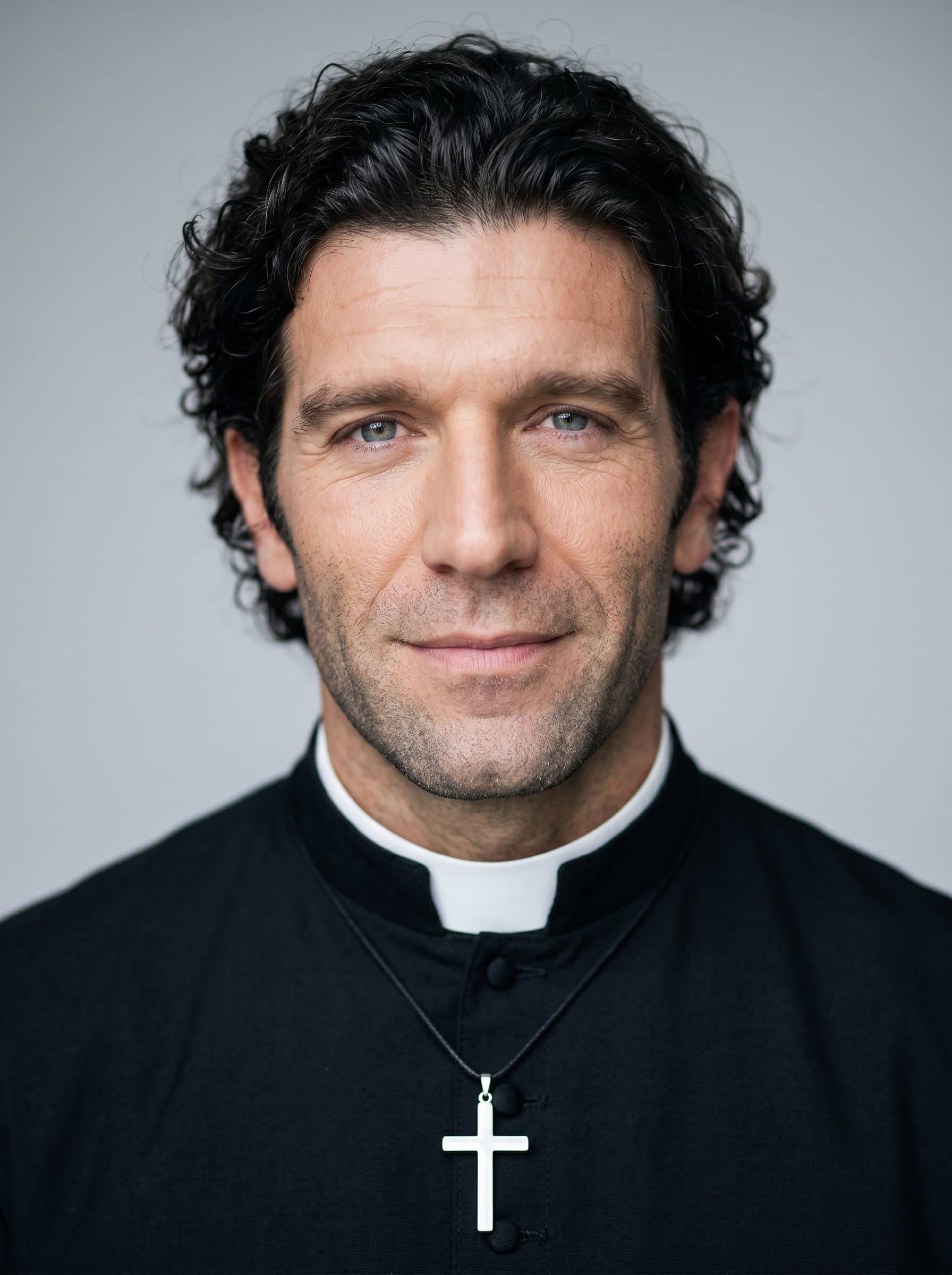 : Create a headshot of a pastor with a serene and wise expression, wearing an elegant black robe, against a soothing light gray backdrop, reflecting maturity and spiritual leadership.