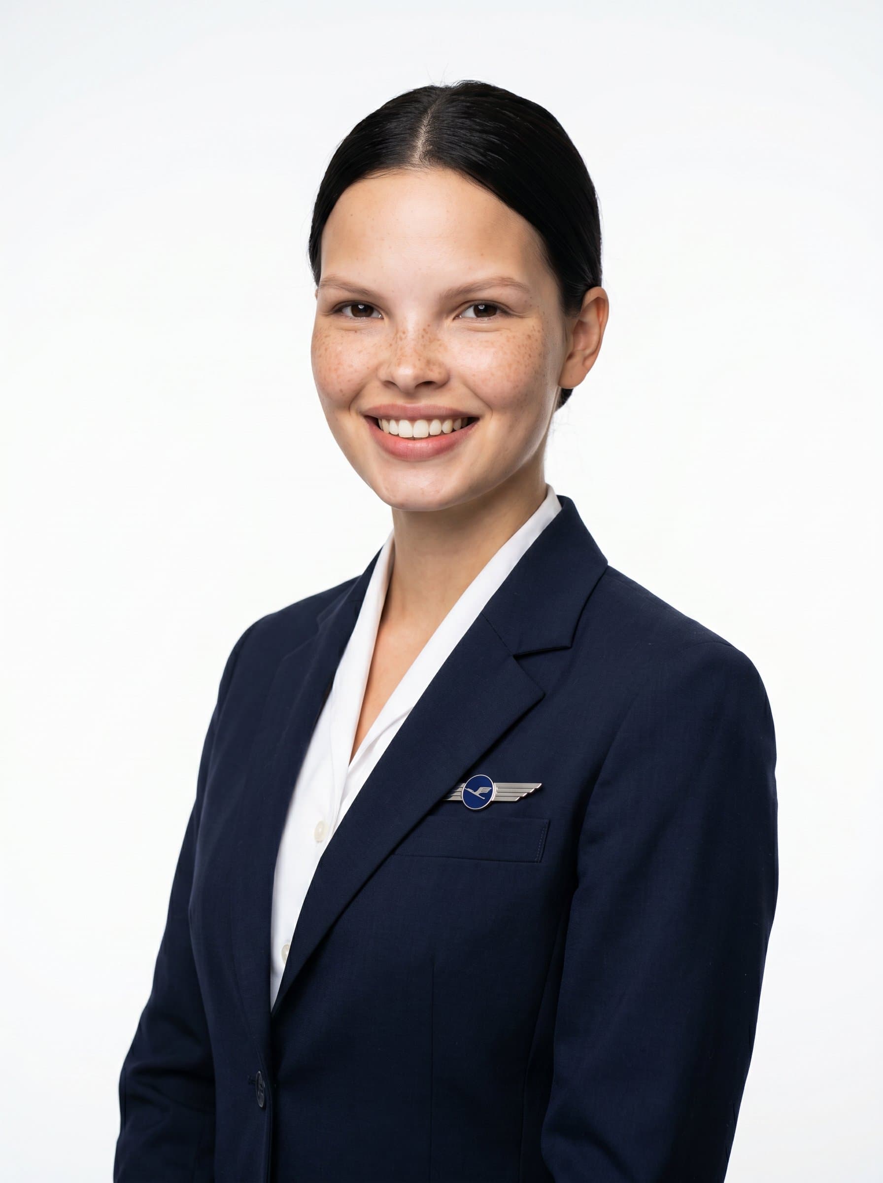 : Portrait of a flight attendant in a crisp navy uniform, posed against a simple white backdrop, with even lighting emphasizing their attentive gaze and approachable demeanor.