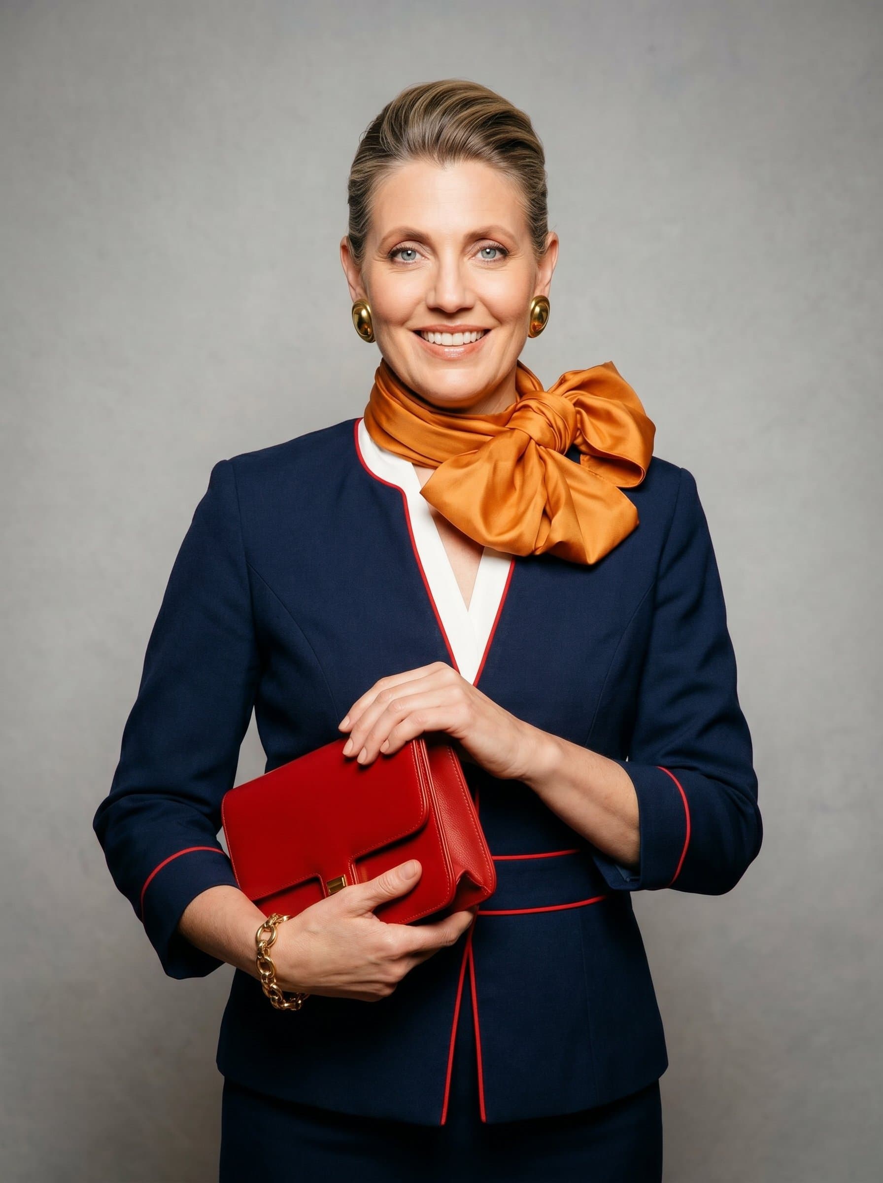 : A flight attendant in a modern airline uniform, standing confidently against a soft gray background, with warm lighting highlighting their welcoming smile and professional demeanor.