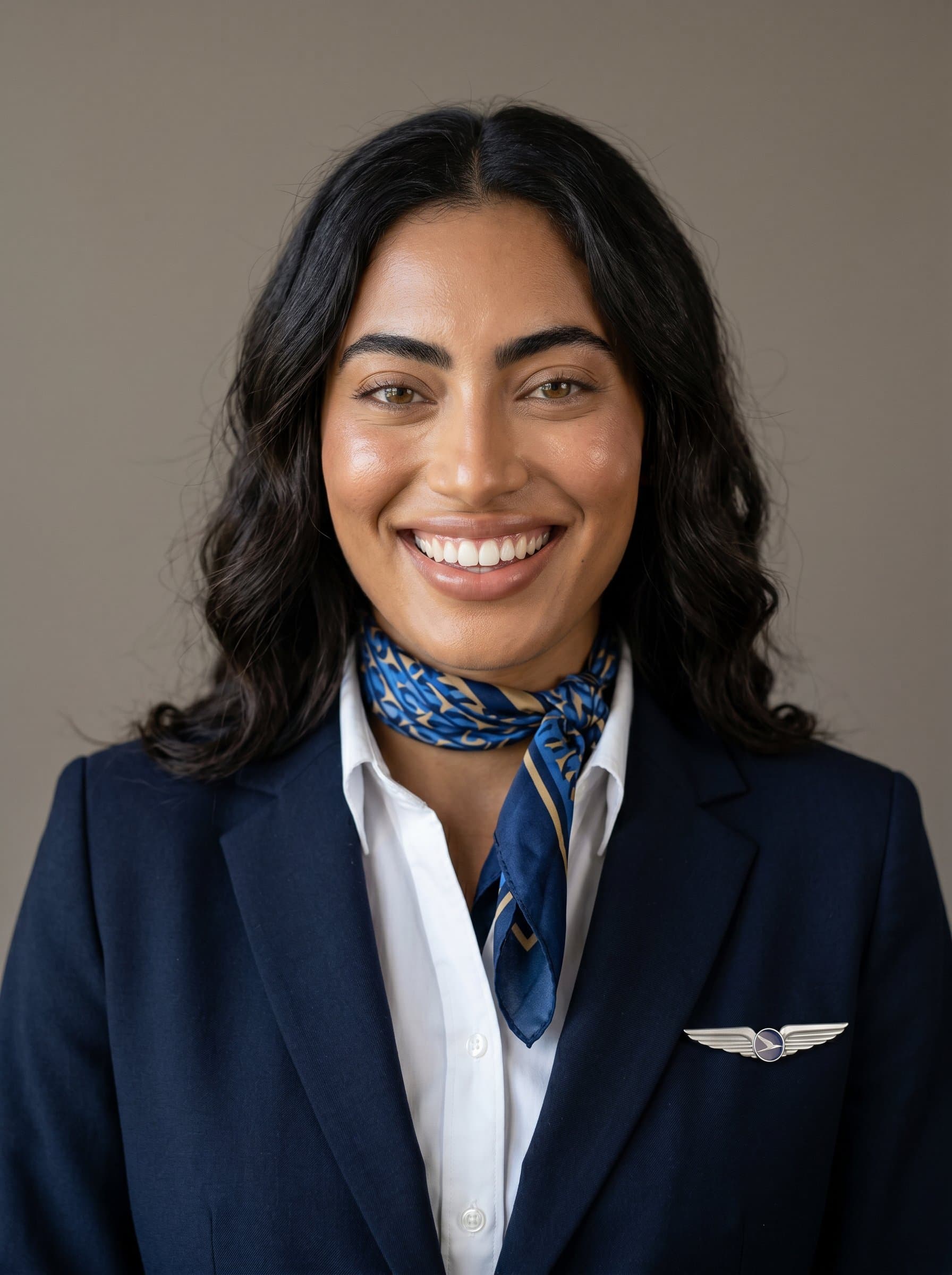 : Close-up of a cheerful flight attendant in a contemporary uniform, against a neutral taupe background, with gentle lighting highlighting their enthusiastic and professional expression.
