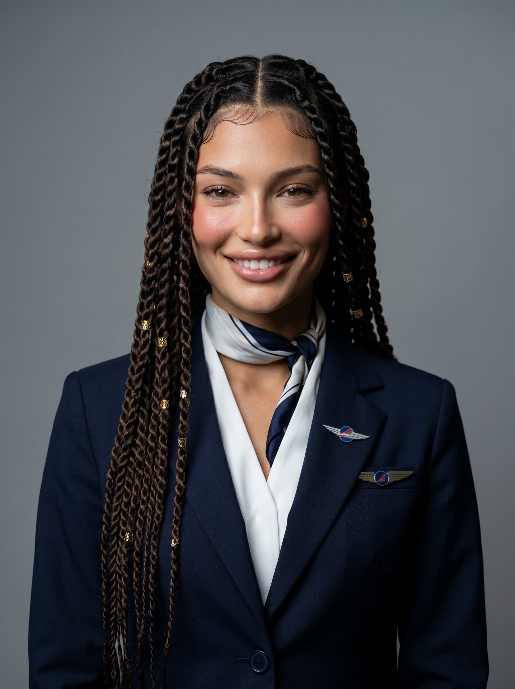 : Portrait of a flight attendant in sleek attire, standing against a minimalist gray backdrop, with soft shadows accentuating their confident and inviting smile.