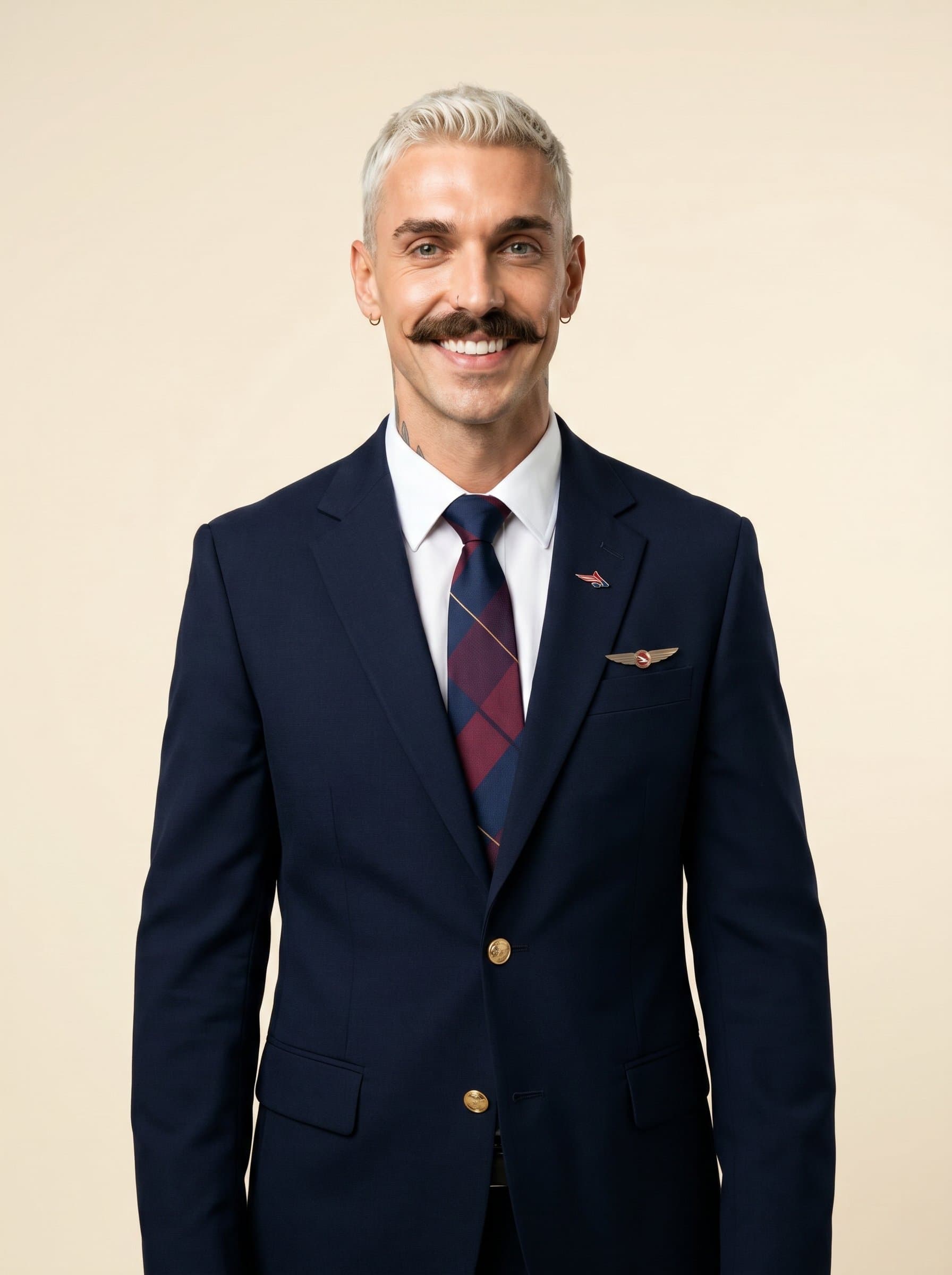 : A flight attendant in traditional uniform, smiling warmly, positioned against a soft cream background, with focused lighting capturing their poised and engaging facial features.
