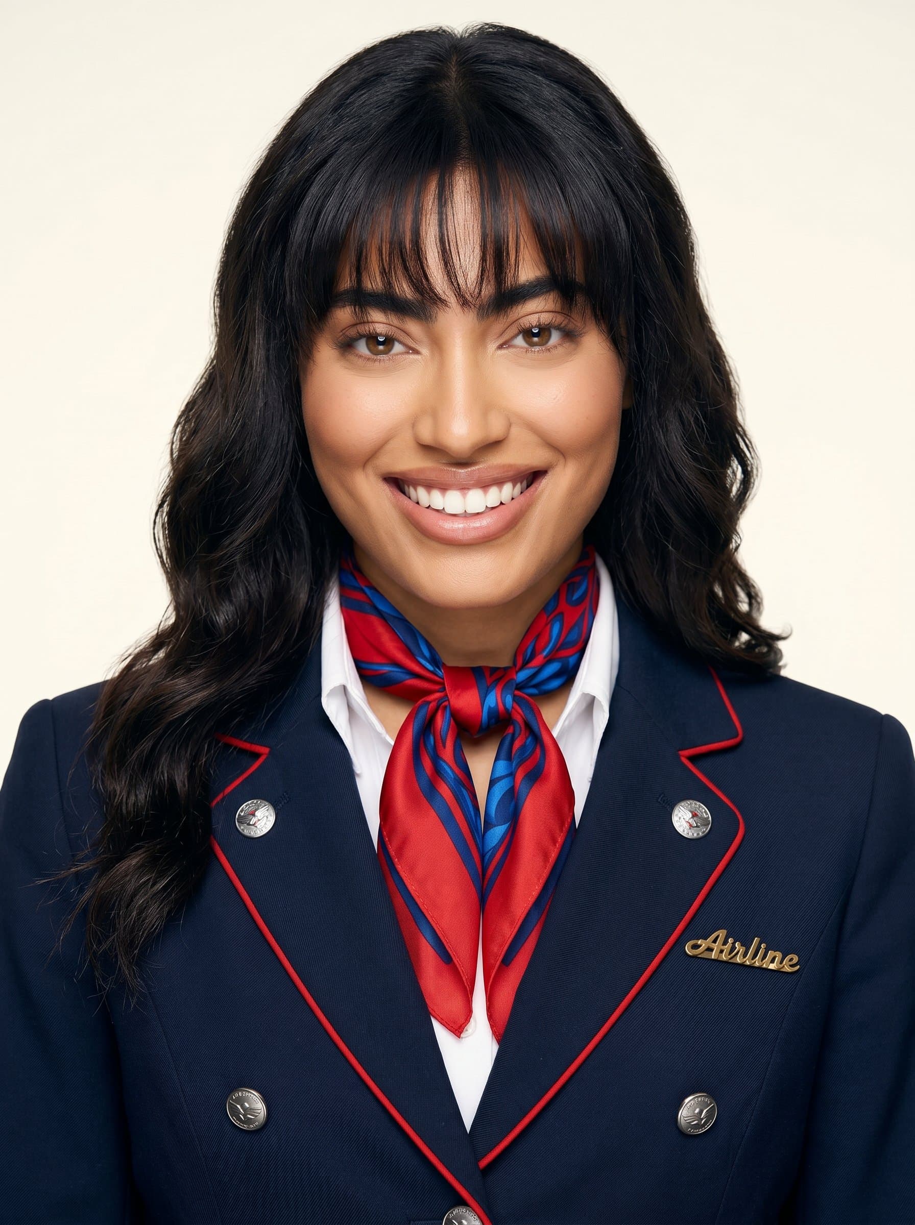 : Headshot of a flight attendant in a stylish uniform, set against a subtle cream backdrop, with bright lighting emphasizing their enthusiastic smile and professional appearance.