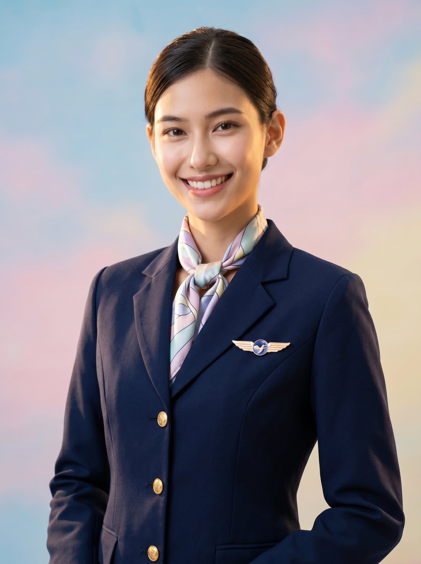 : A flight attendant in a tailored airline outfit, smiling confidently, set against a subtle pastel backdrop, with warm lighting emphasizing their approachable demeanor.