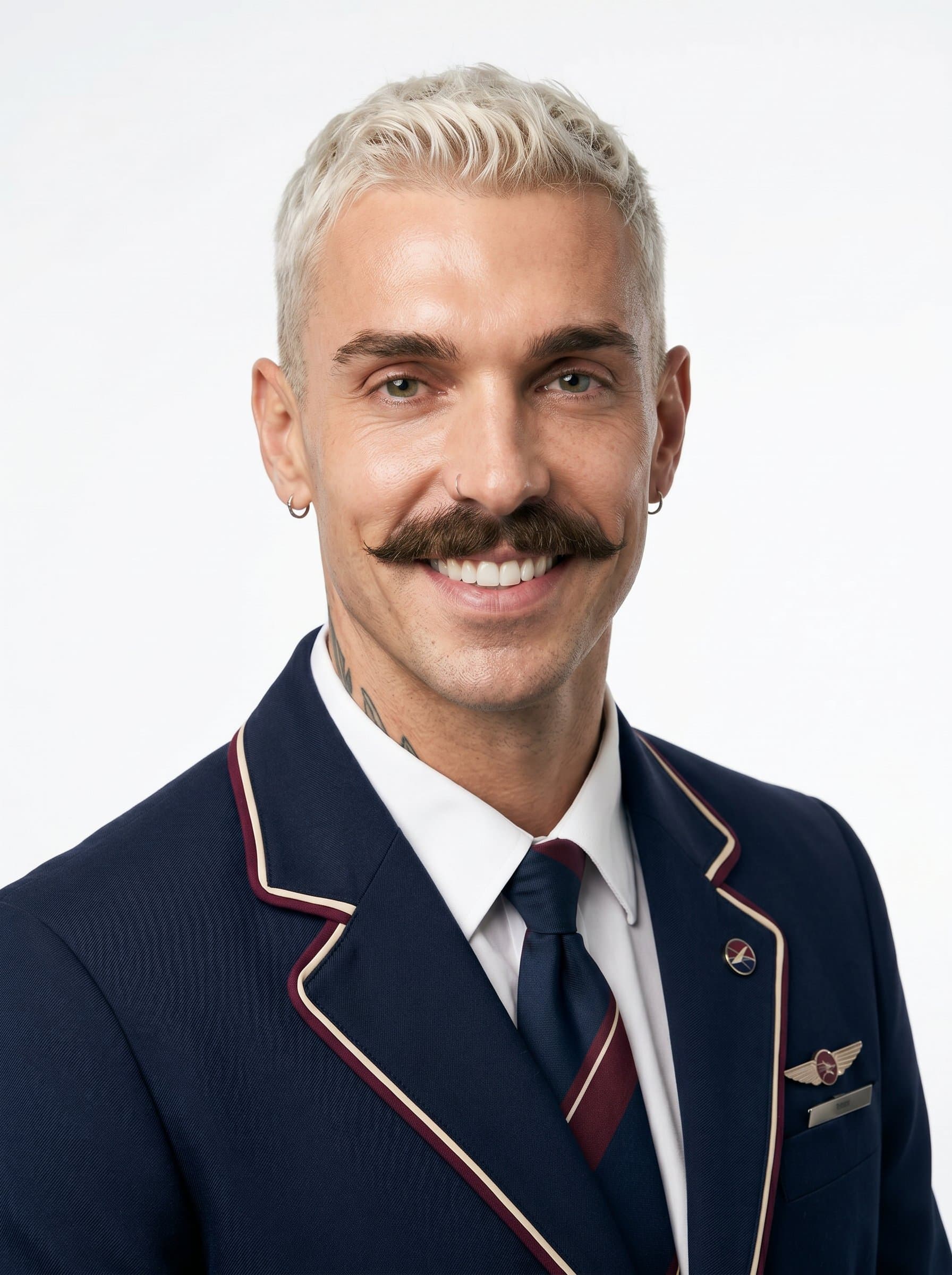 : Flight attendant headshot wearing a fashionable uniform, against a smooth white background, with crisp lighting highlighting their pleasant and professional appearance.